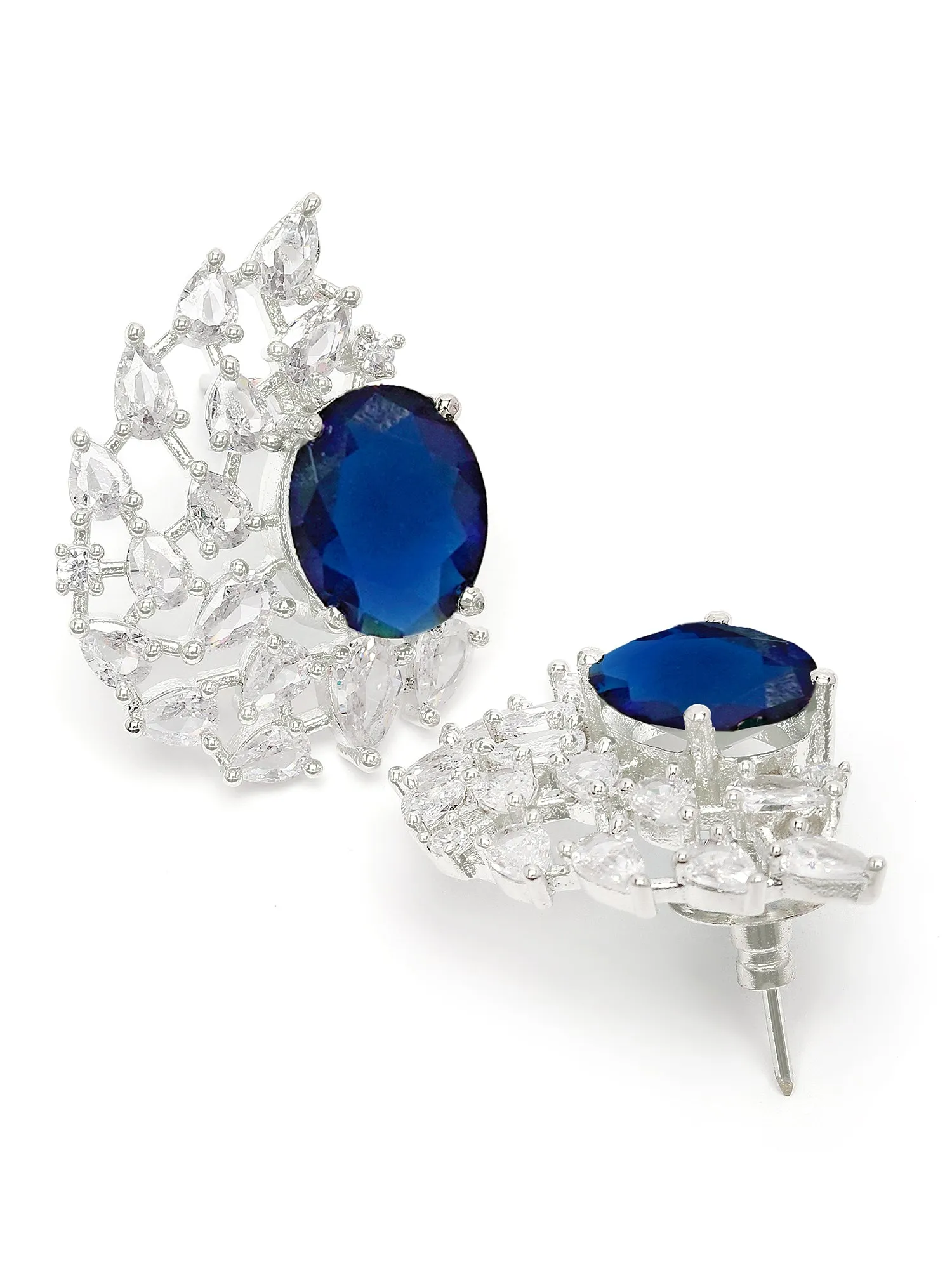 Karatcart Silver Plated Drop Design Blue Cubic Zirconia Stud Earrings for Women
