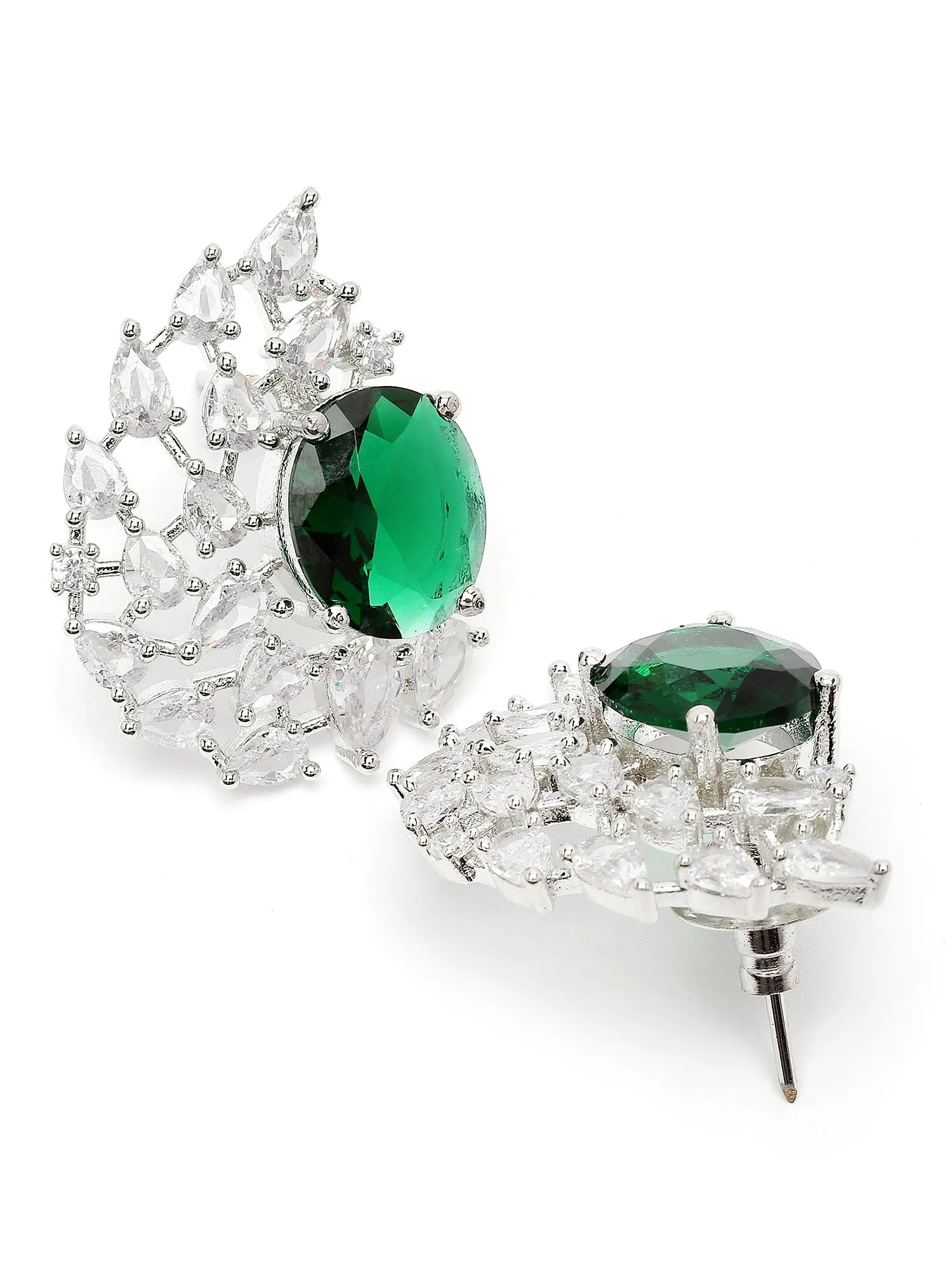 Karatcart Silver Plated Drop Design Green Cubic Zirconia Stud Earrings for Women
