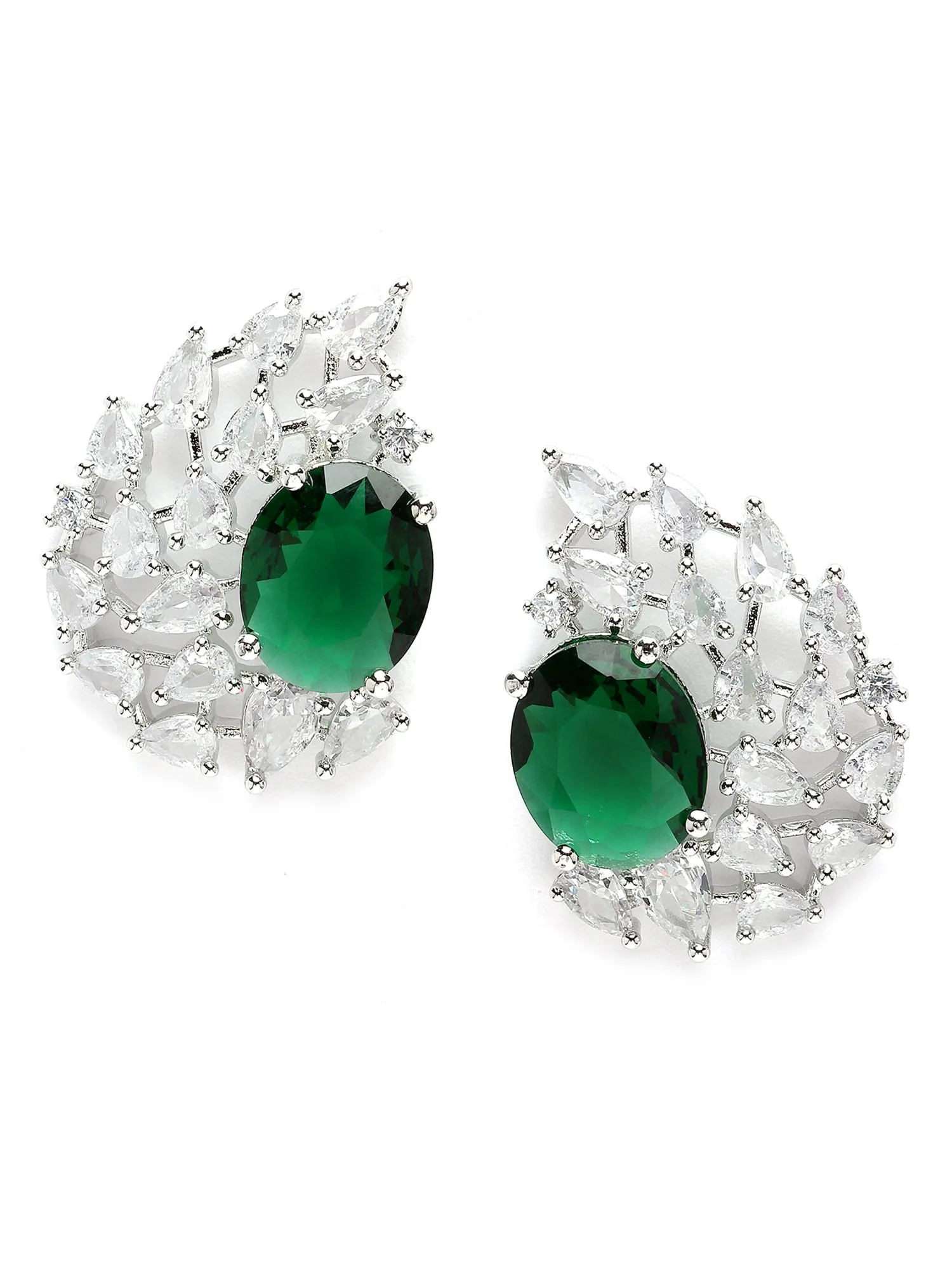 Karatcart Silver Plated Drop Design Green Cubic Zirconia Stud Earrings for Women