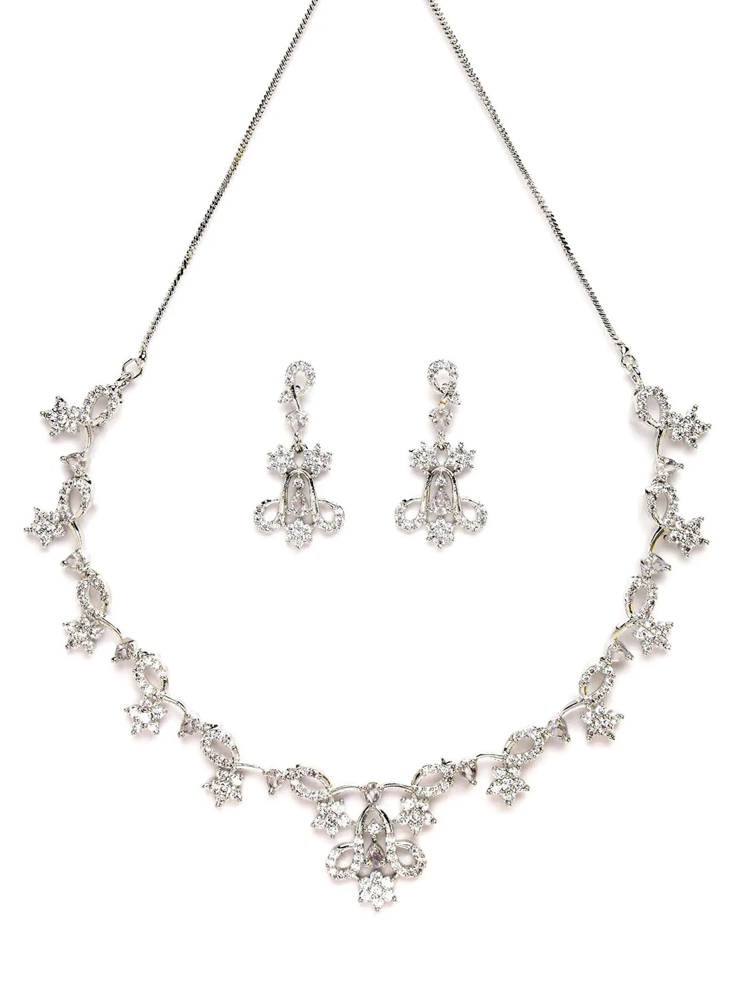 Karatcart Silver Plated Floral CZ Stone Studded Jewellery Set