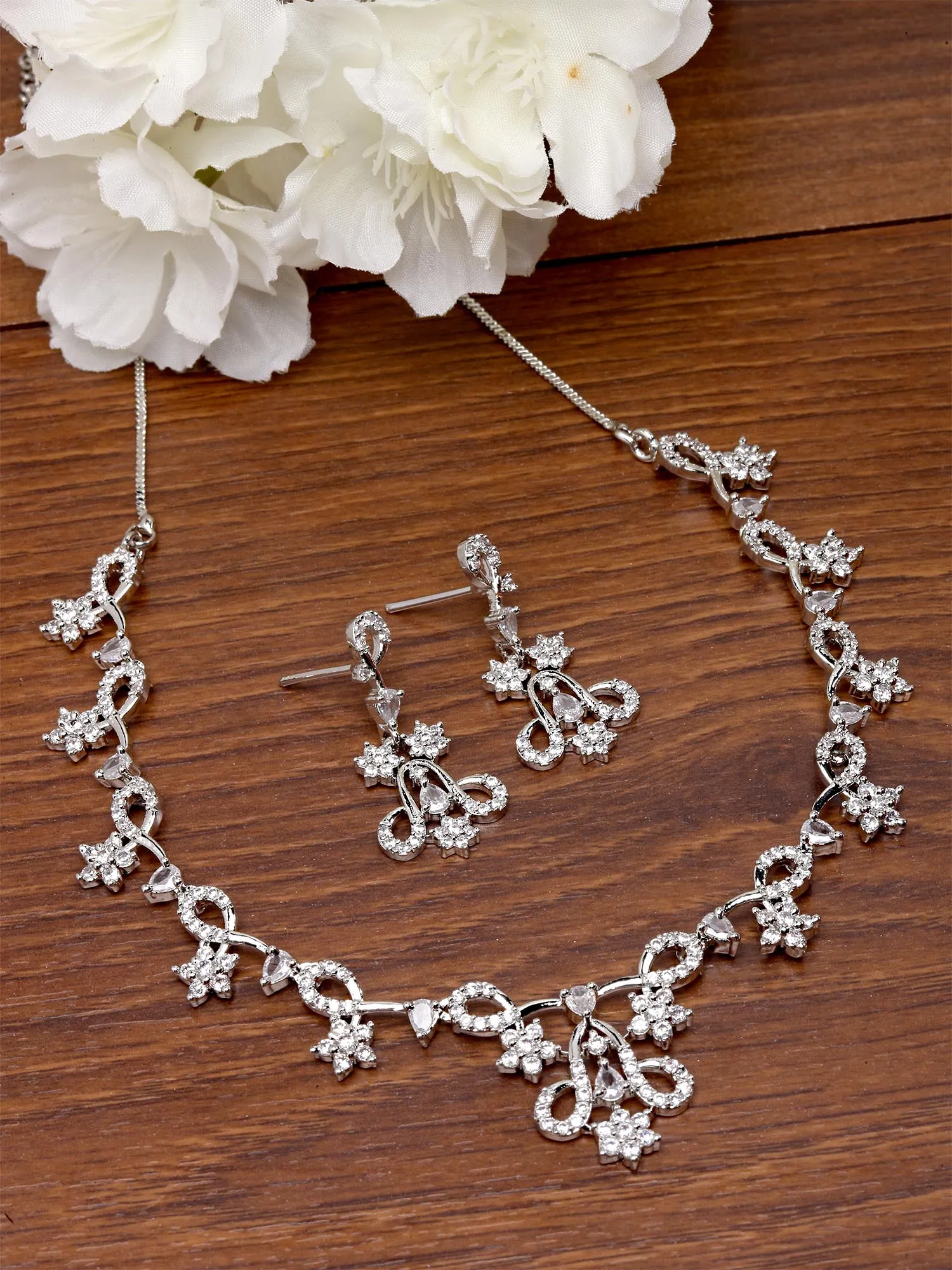Karatcart Silver Plated Floral CZ Stone Studded Jewellery Set