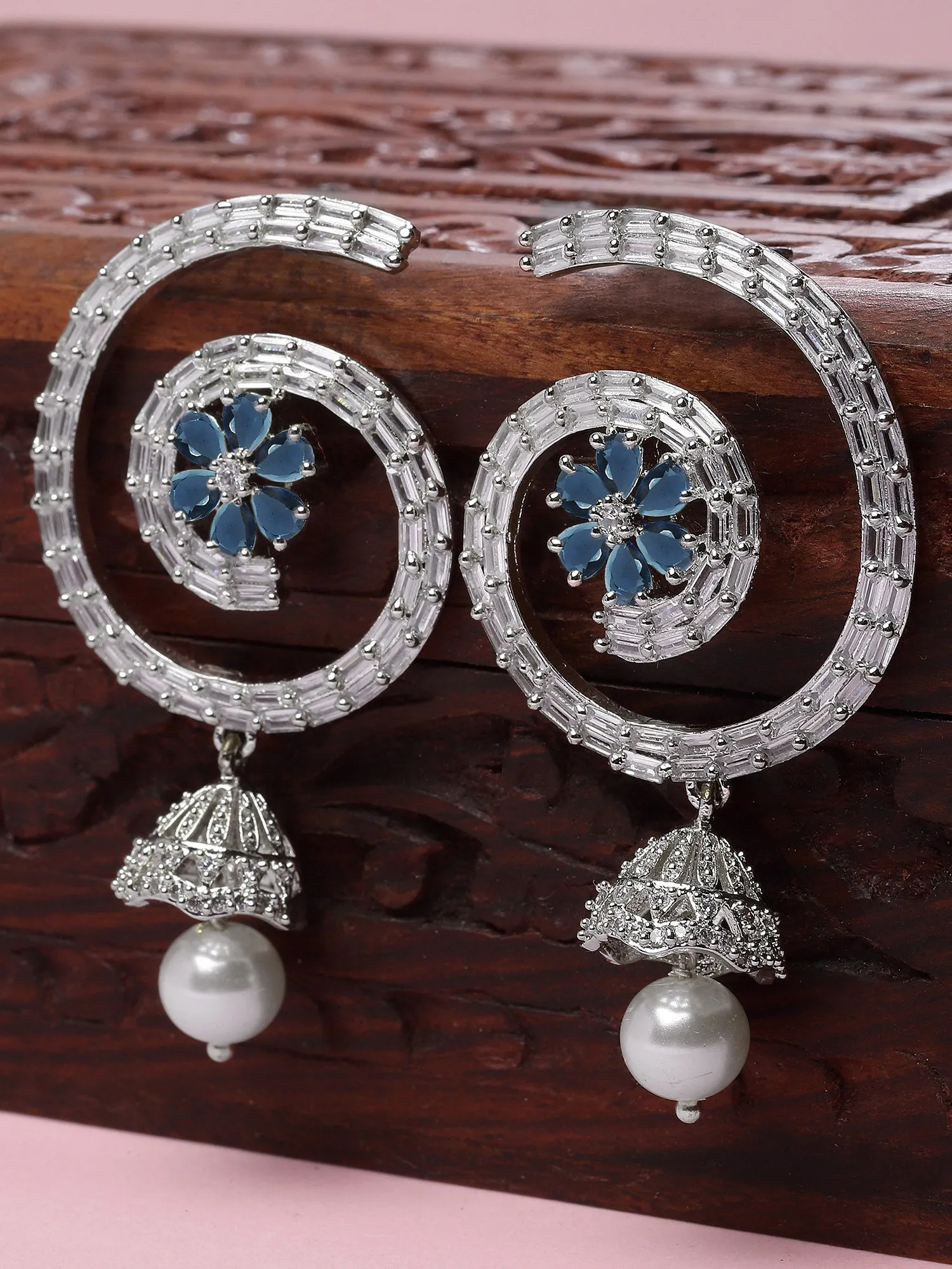 Karatcart Silver Plated Floral Design Blue CZ Stone Dangler Earrings for Women