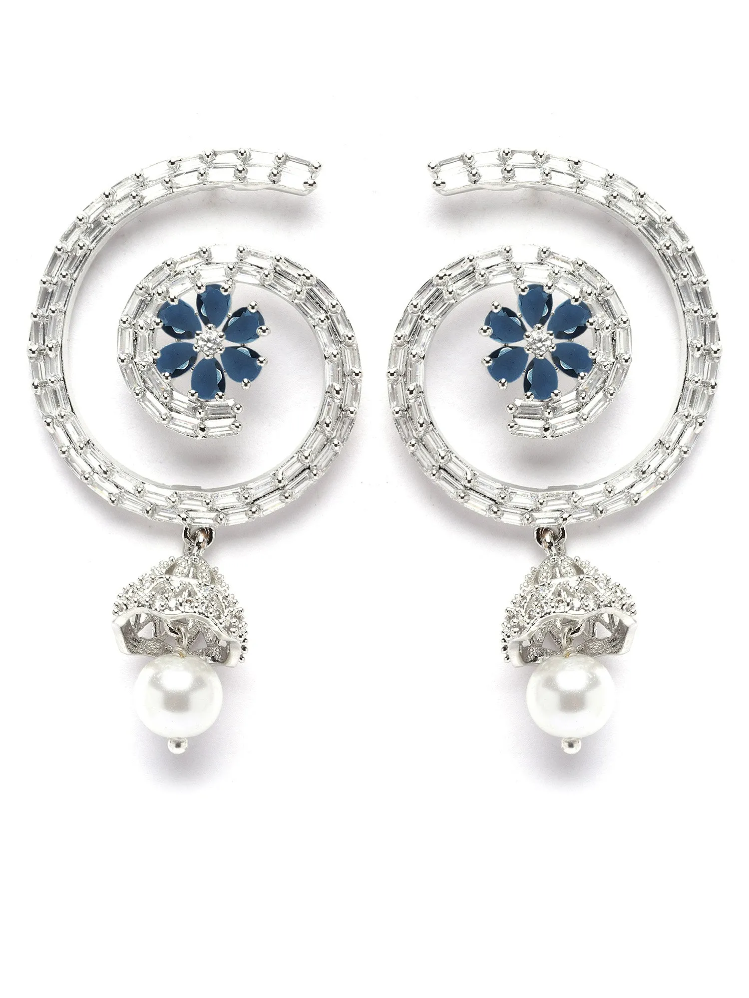 Karatcart Silver Plated Floral Design Blue CZ Stone Dangler Earrings for Women