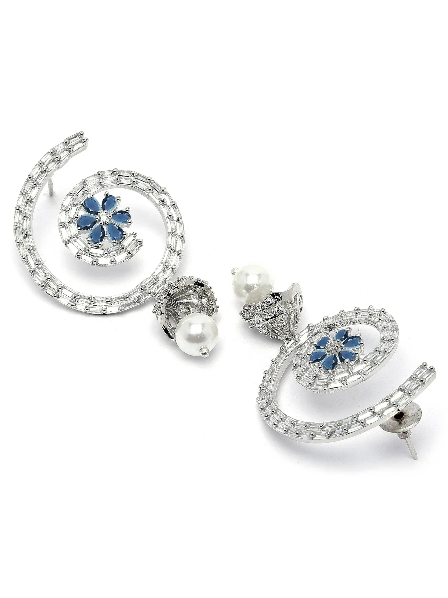 Karatcart Silver Plated Floral Design Blue CZ Stone Dangler Earrings for Women
