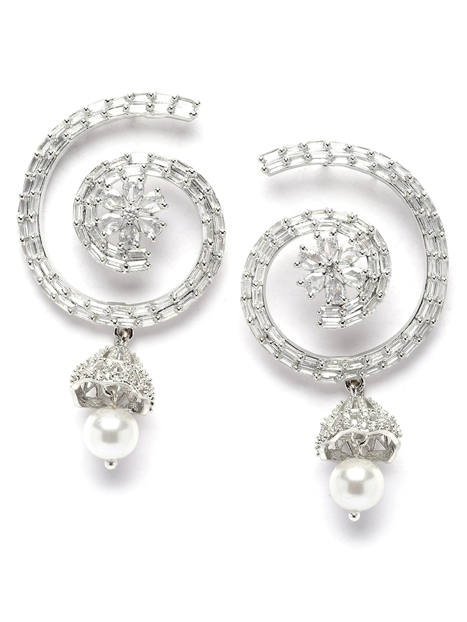 Karatcart Silver Plated Floral Design CZ Stone Dangler Earrings for Women