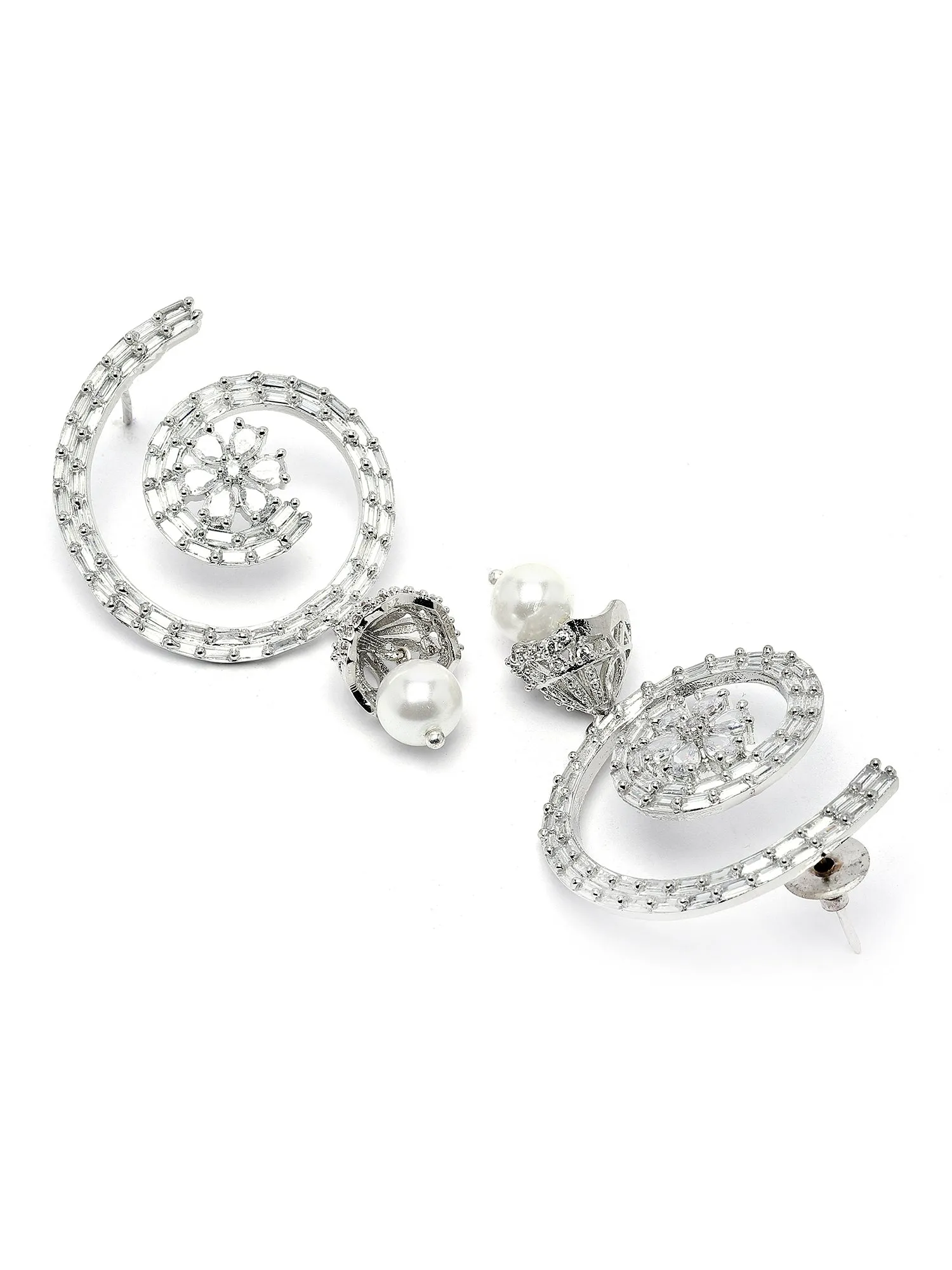 Karatcart Silver Plated Floral Design CZ Stone Dangler Earrings for Women