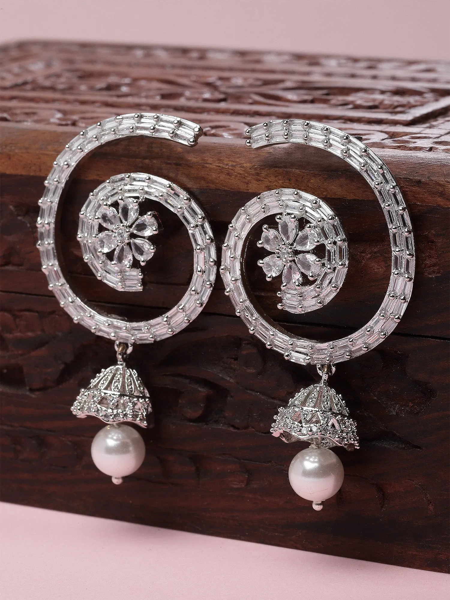 Karatcart Silver Plated Floral Design CZ Stone Dangler Earrings for Women