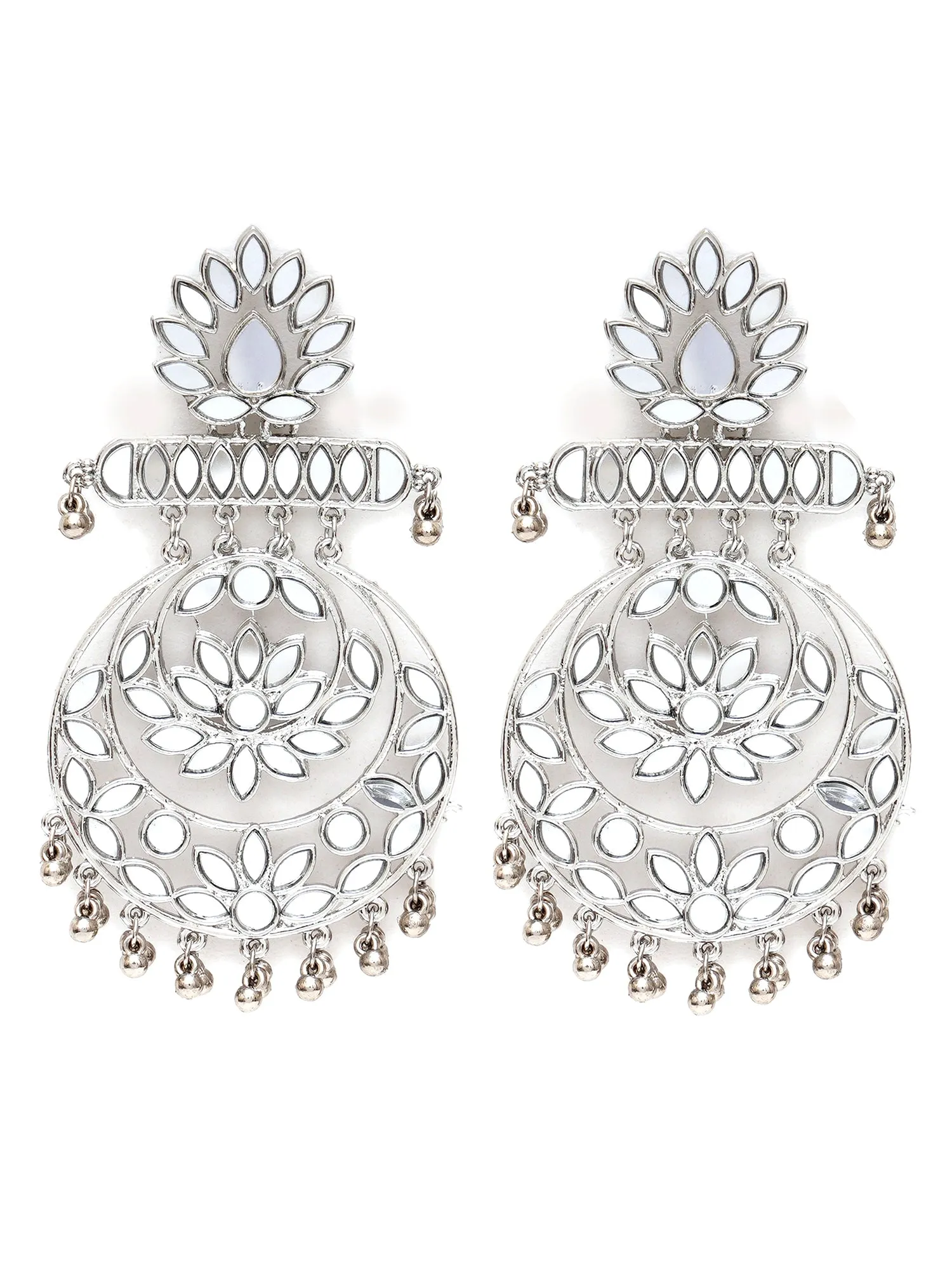 Karatcart Silver Plated Floral Design Mirror Work Long Dangler Earrings for Women