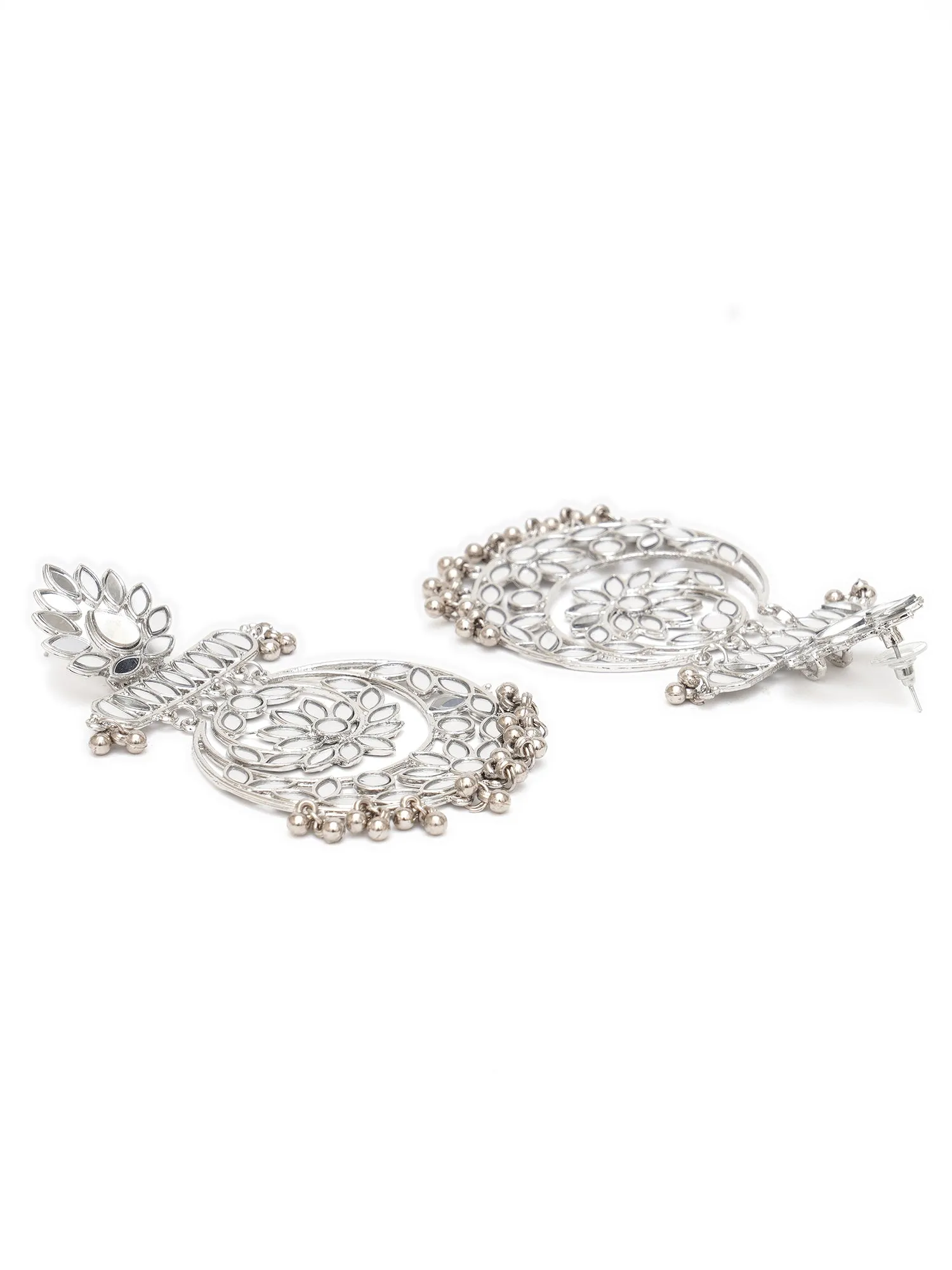 Karatcart Silver Plated Floral Design Mirror Work Long Dangler Earrings for Women