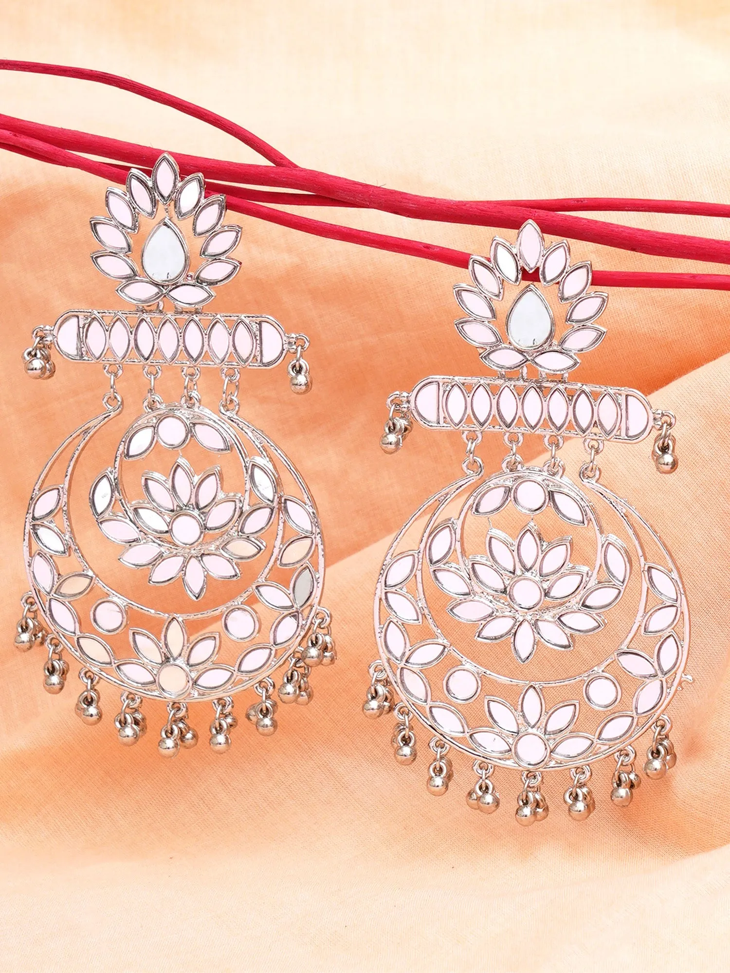 Karatcart Silver Plated Floral Design Mirror Work Long Dangler Earrings for Women
