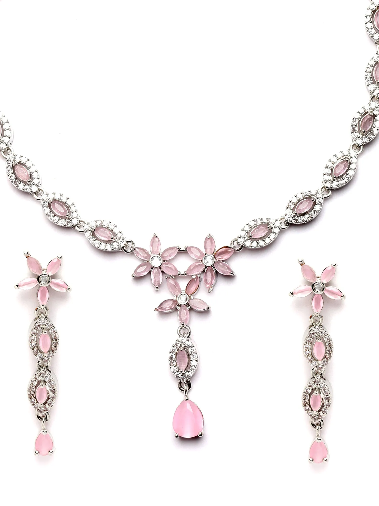 Karatcart Silver Plated Floral Design Pink Cubic Zirconia Studded Necklace Set