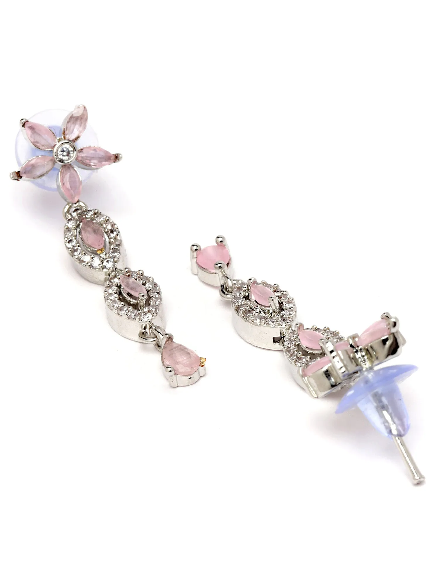 Karatcart Silver Plated Floral Design Pink Cubic Zirconia Studded Necklace Set