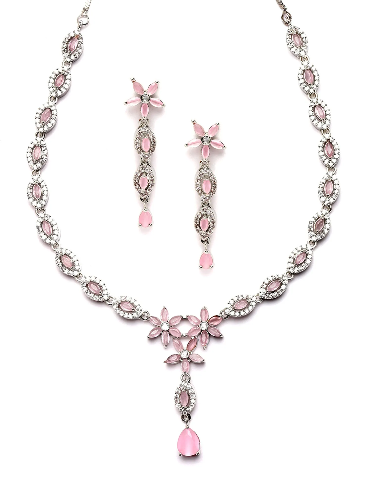 Karatcart Silver Plated Floral Design Pink Cubic Zirconia Studded Necklace Set