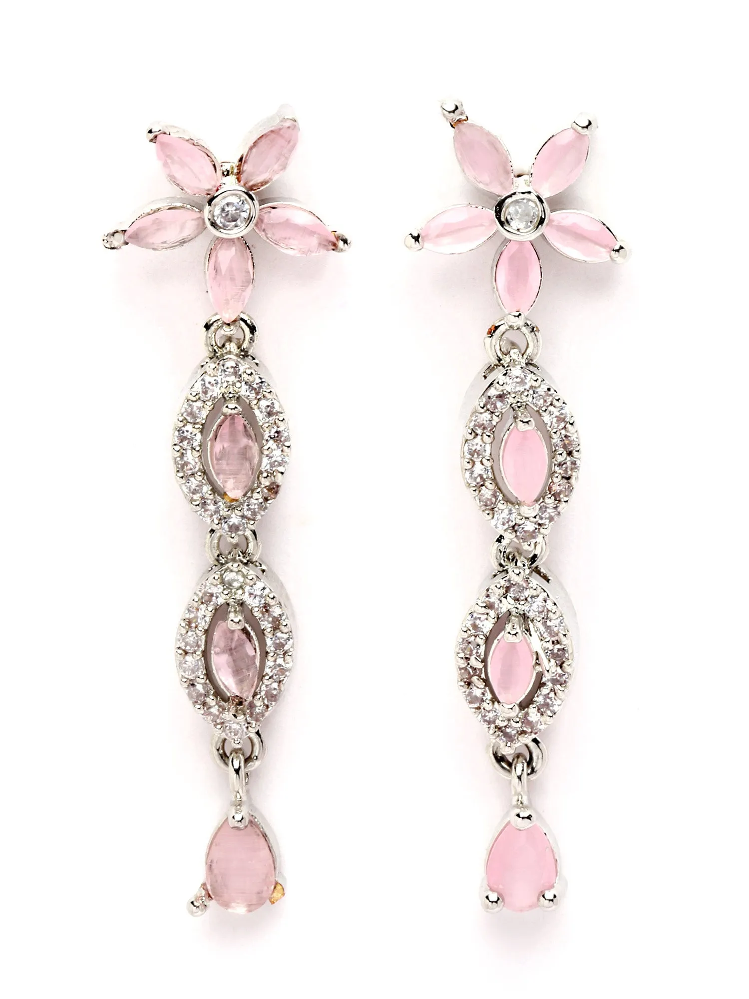 Karatcart Silver Plated Floral Design Pink Cubic Zirconia Studded Necklace Set