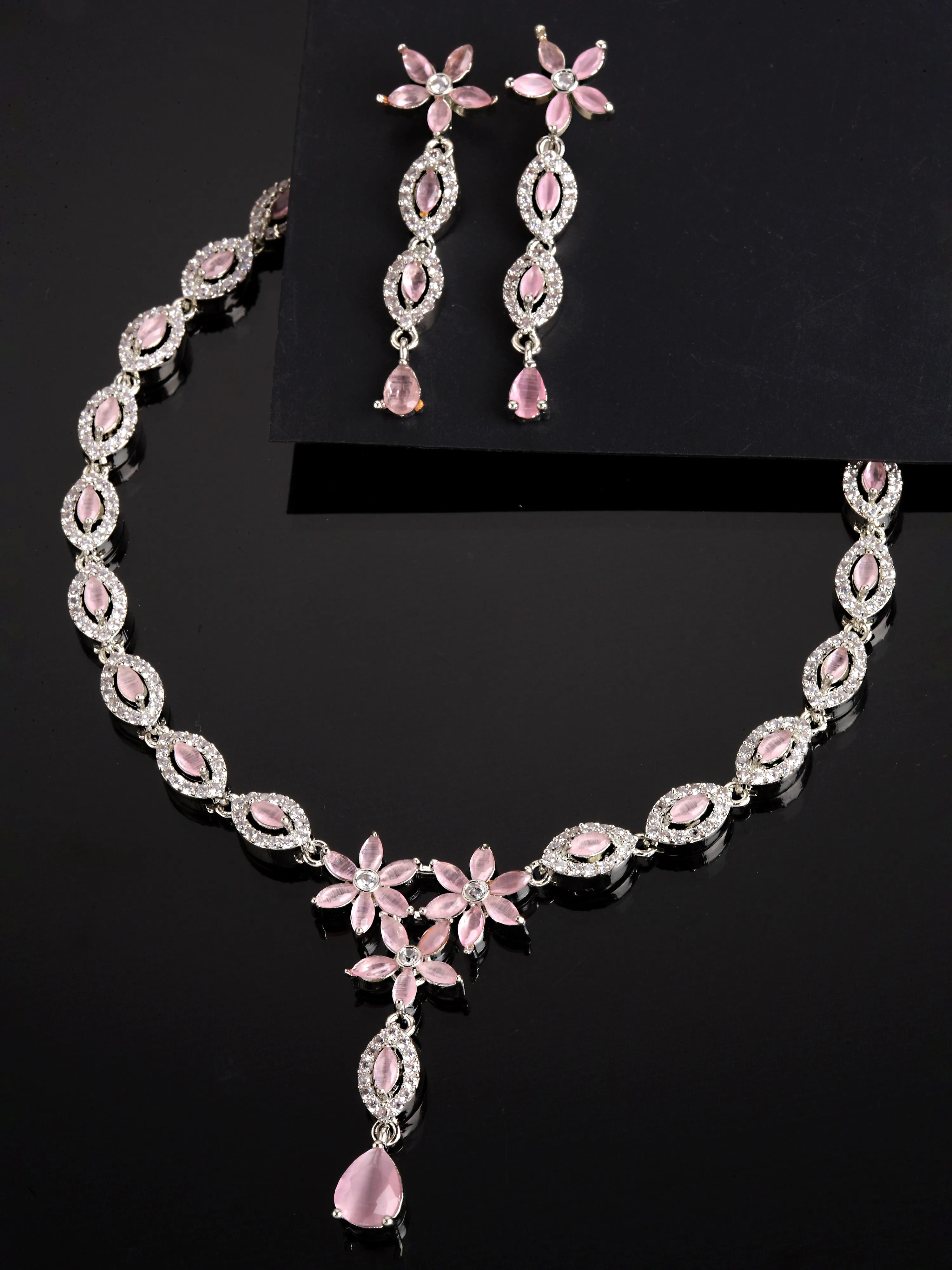 Karatcart Silver Plated Floral Design Pink Cubic Zirconia Studded Necklace Set