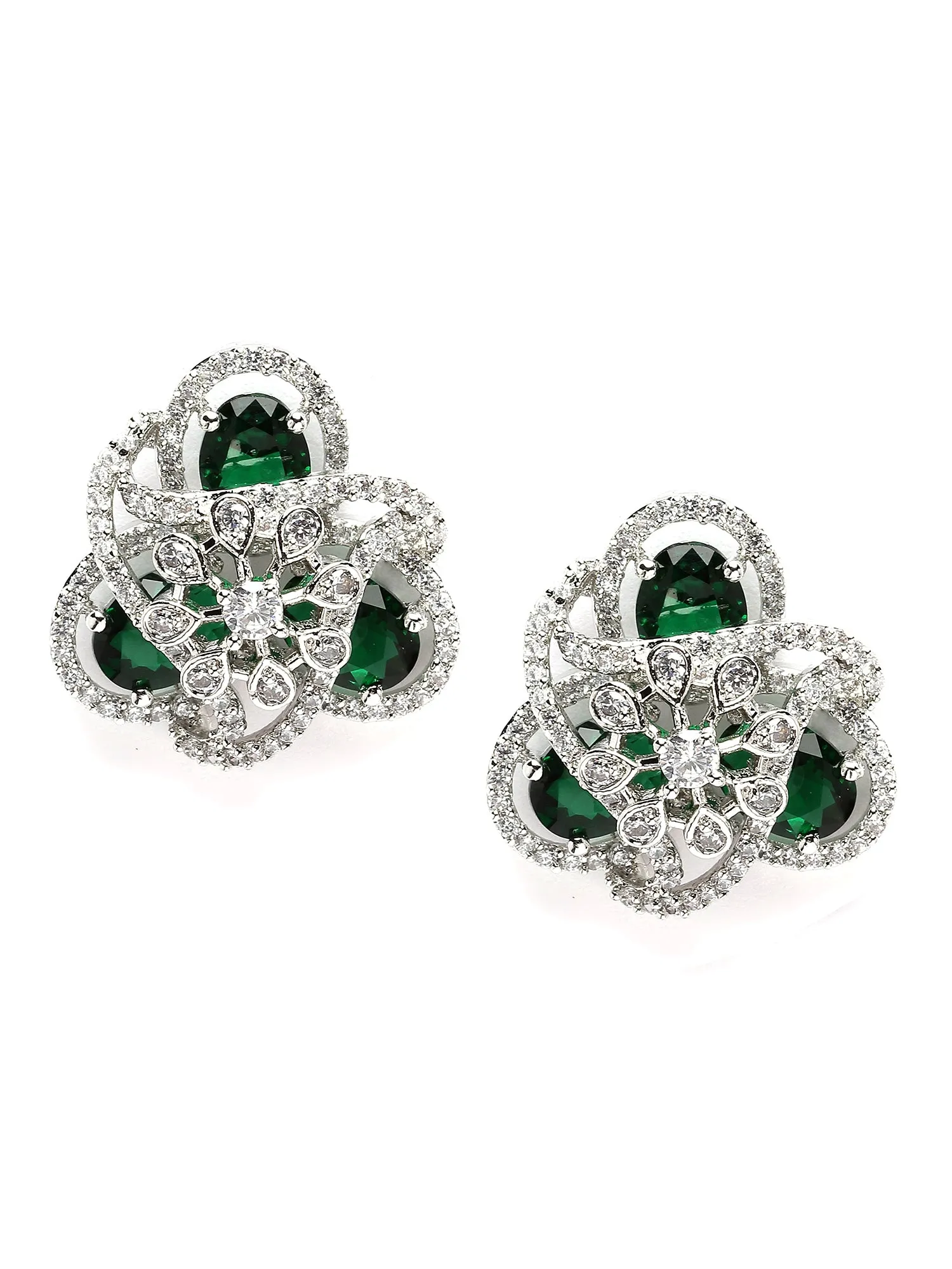 Karatcart Silver Plated Green Cubic Zirconia Floral Design Stud Earrings for Women