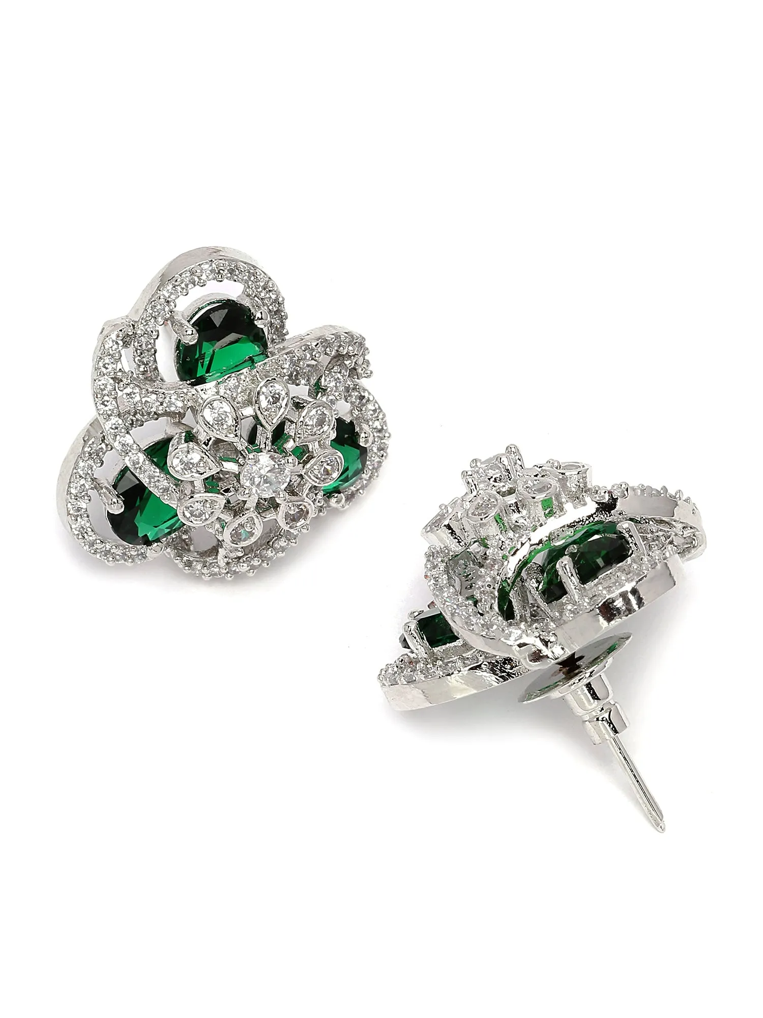 Karatcart Silver Plated Green Cubic Zirconia Floral Design Stud Earrings for Women