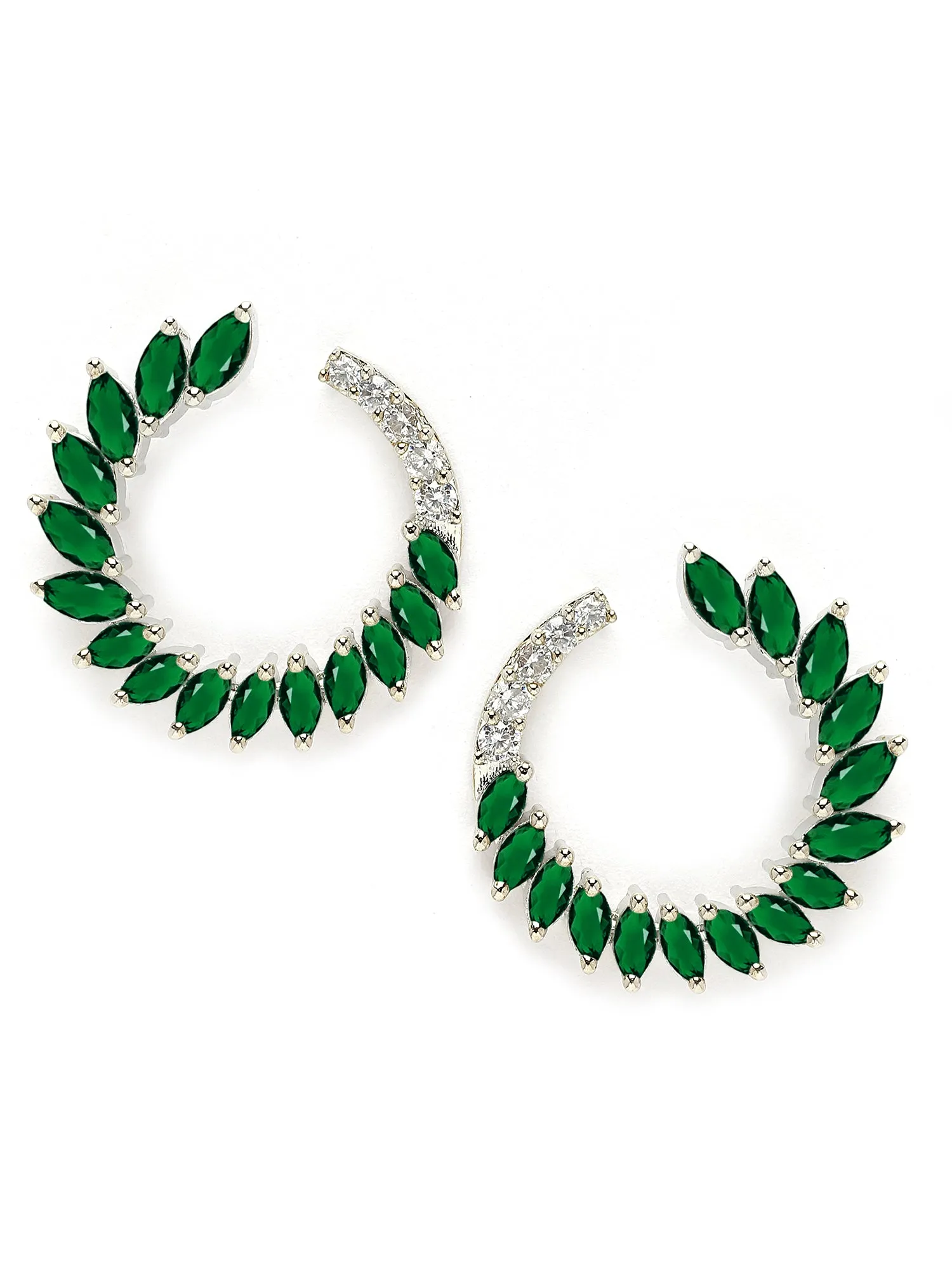 Karatcart Silver Plated Green Cubic Zirconia Leaf Design Hoop Earrings for Women