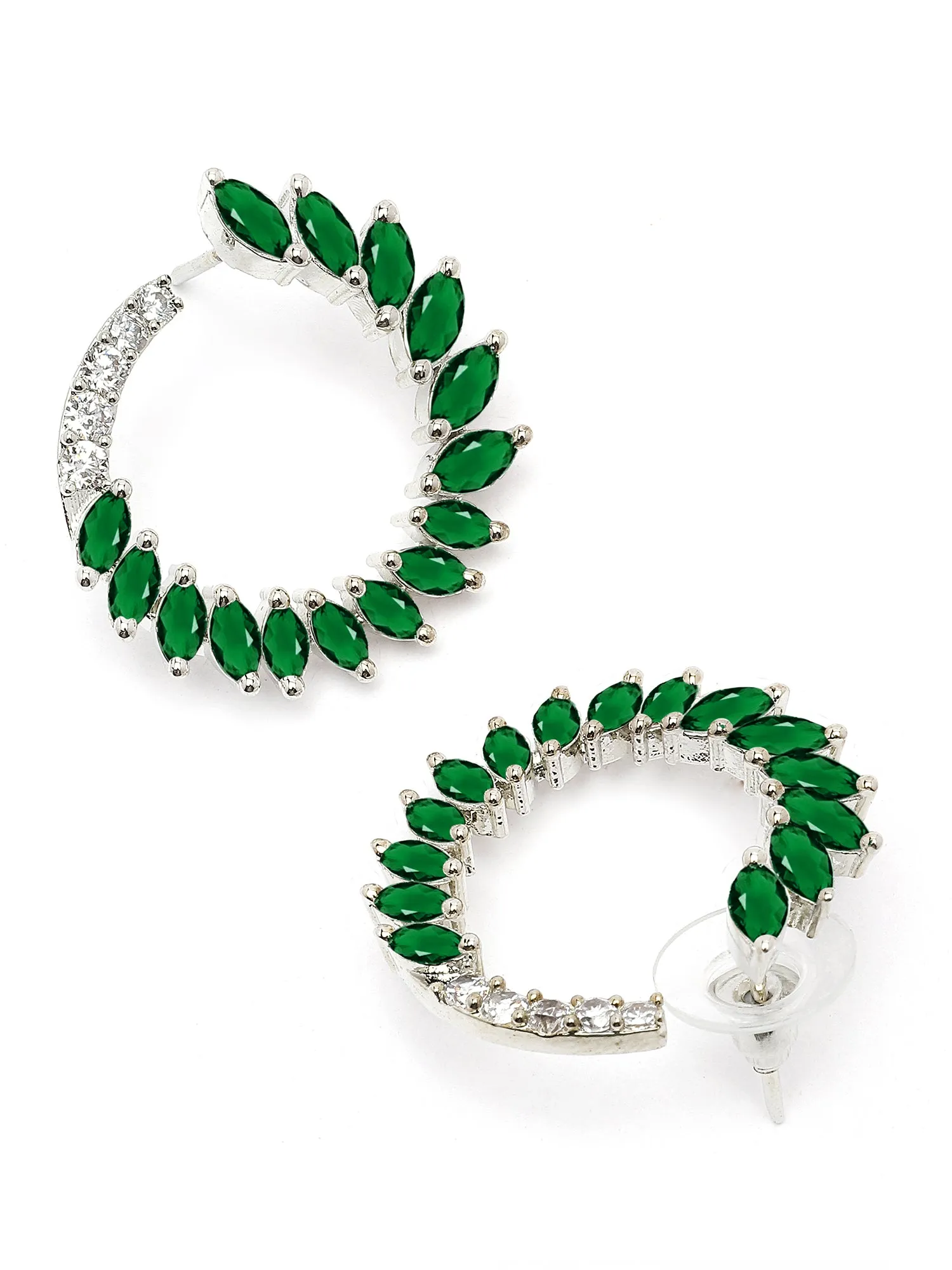 Karatcart Silver Plated Green Cubic Zirconia Leaf Design Hoop Earrings for Women