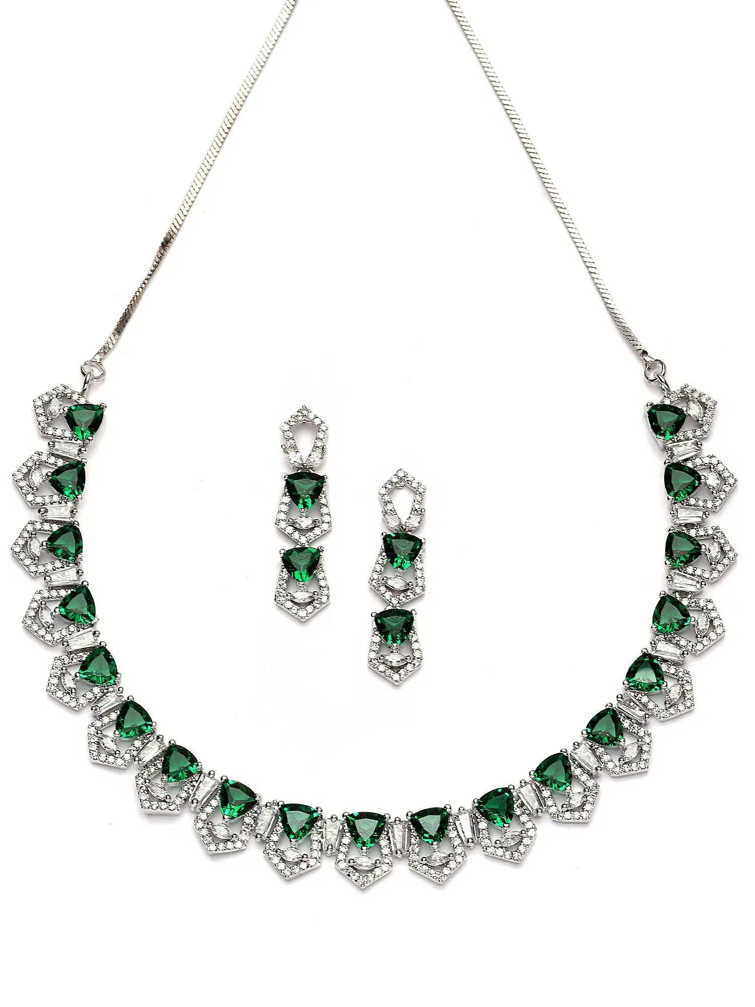 Karatcart Silver Plated Green Cubic Zirconia Necklace Set for Women