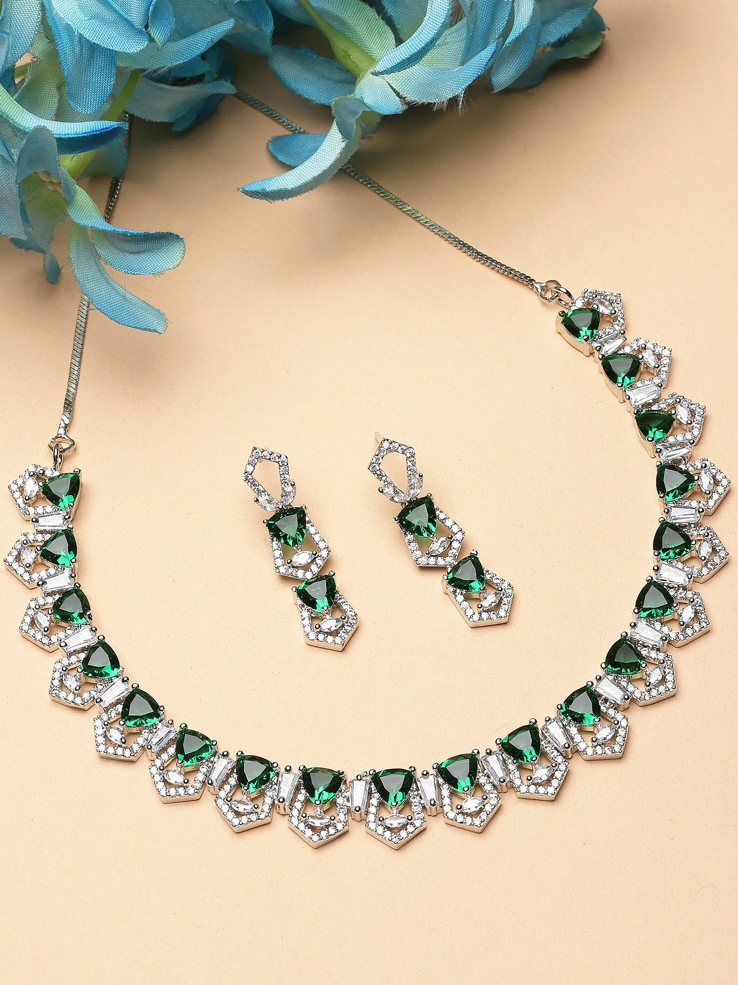 Karatcart Silver Plated Green Cubic Zirconia Necklace Set for Women