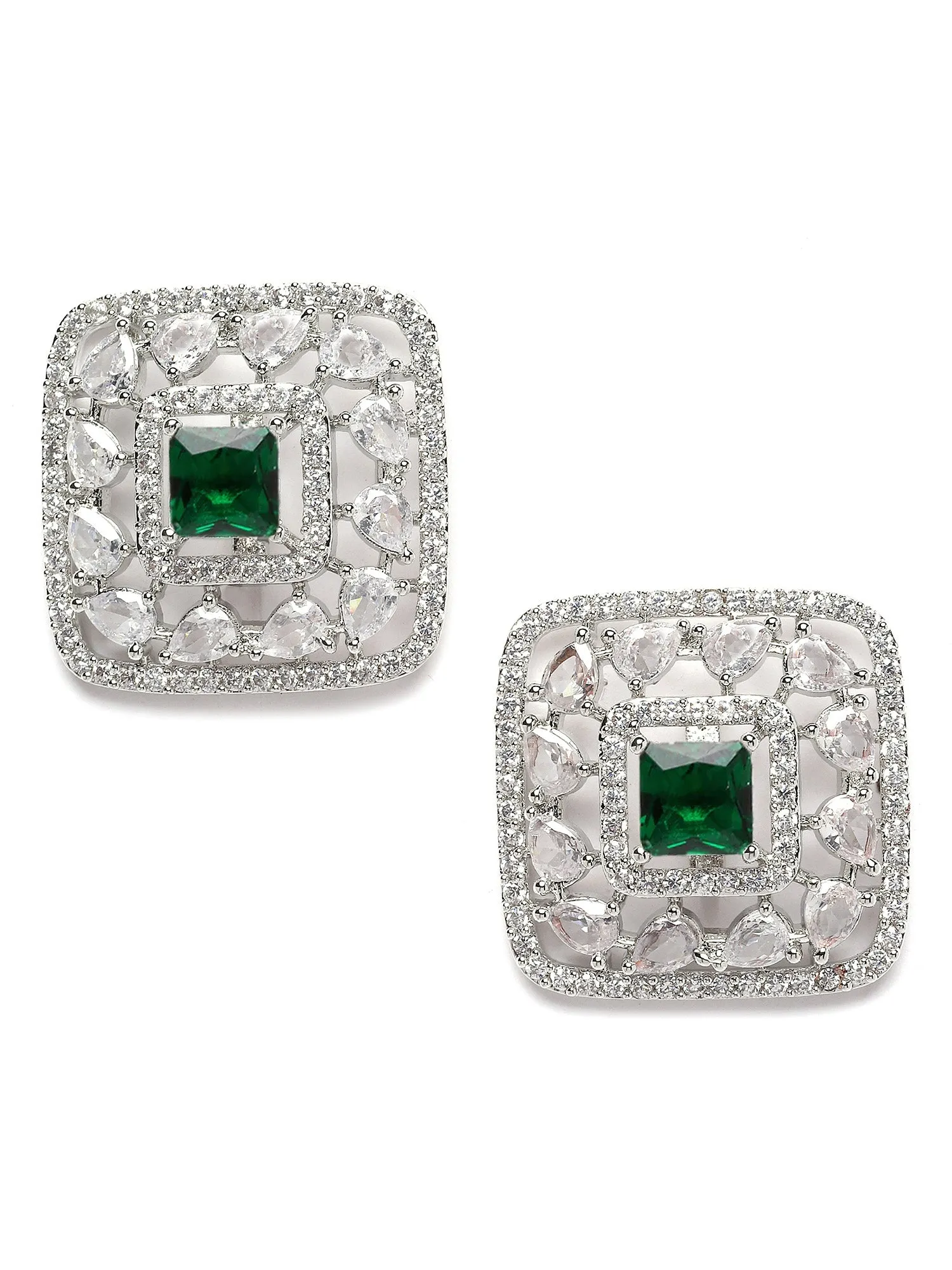 Karatcart Silver Plated Green Cubic Zirconia Stud Earrings for Women