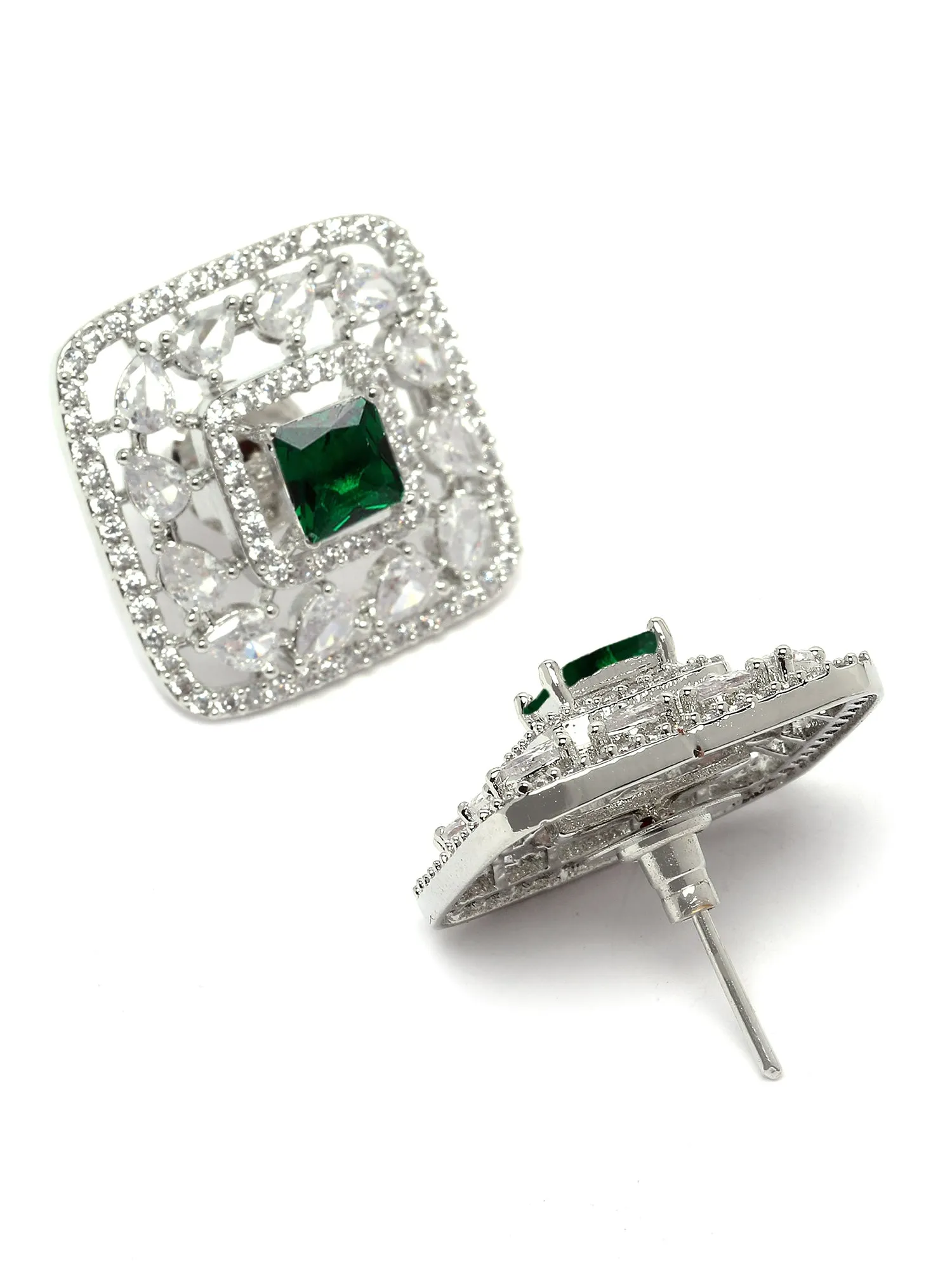 Karatcart Silver Plated Green Cubic Zirconia Stud Earrings for Women