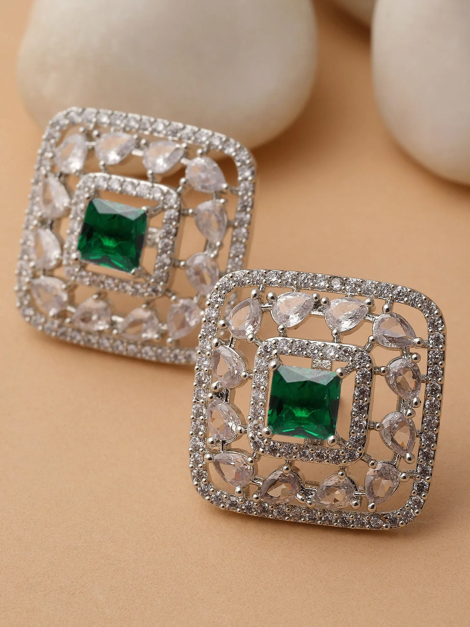 Karatcart Silver Plated Green Cubic Zirconia Stud Earrings for Women