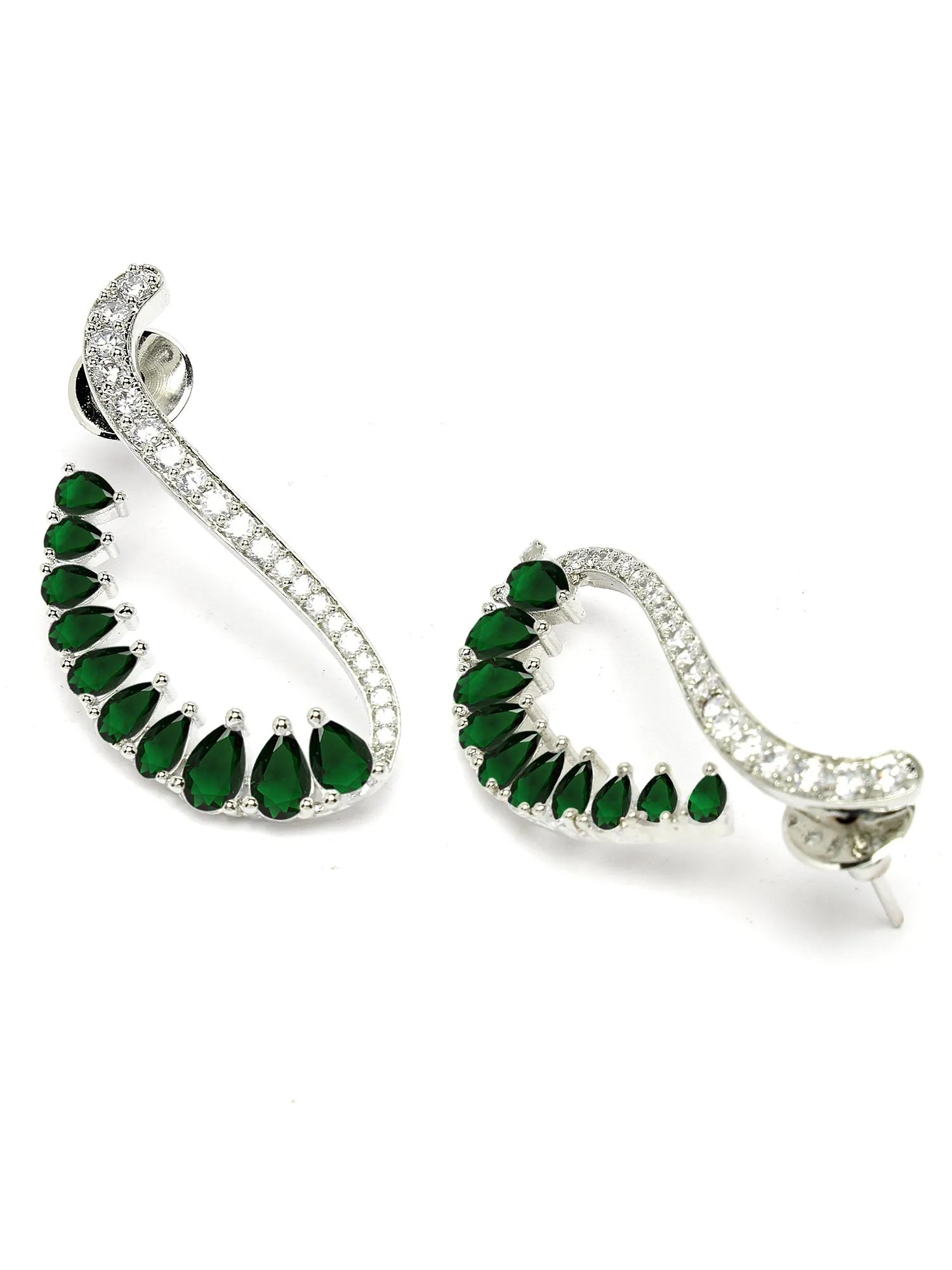 Karatcart Silver Plated Green Cubic Zirconia Studde Drop Earrings for Women