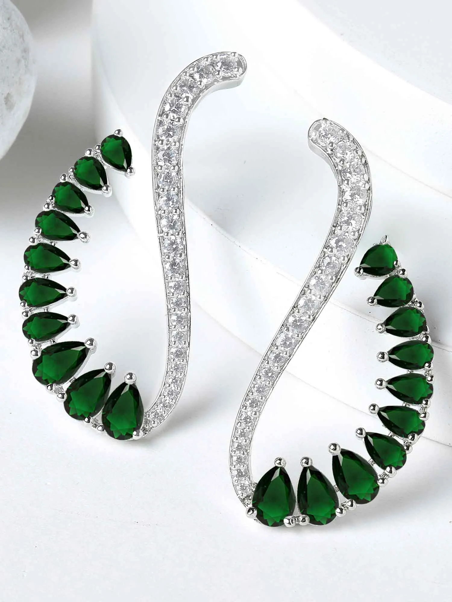 Karatcart Silver Plated Green Cubic Zirconia Studde Drop Earrings for Women