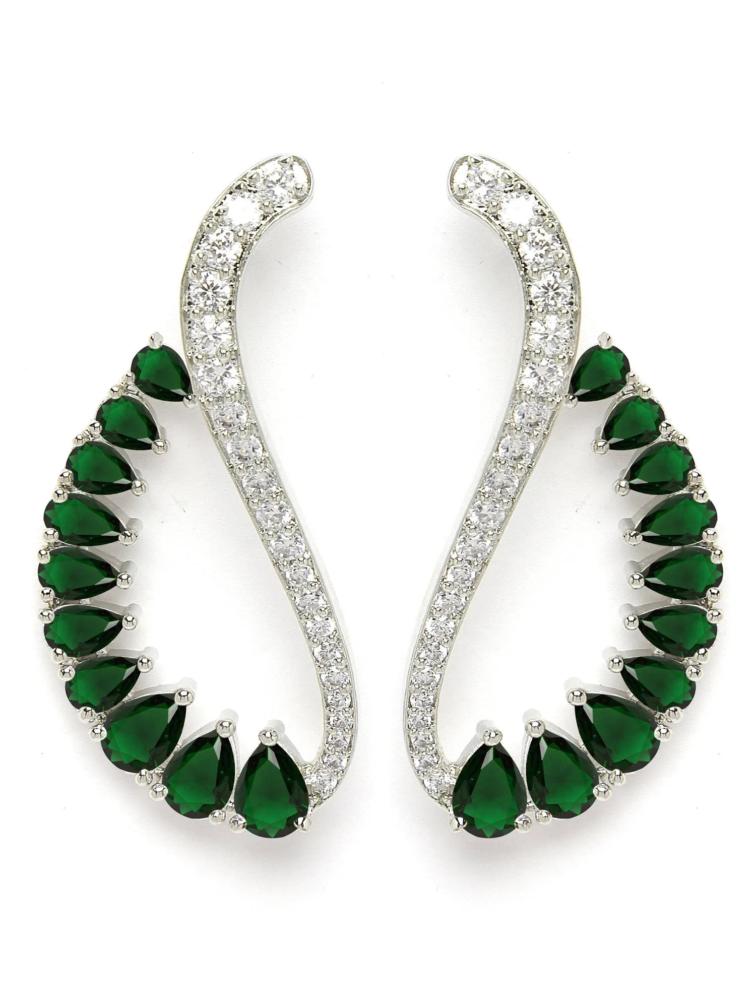 Karatcart Silver Plated Green Cubic Zirconia Studde Drop Earrings for Women