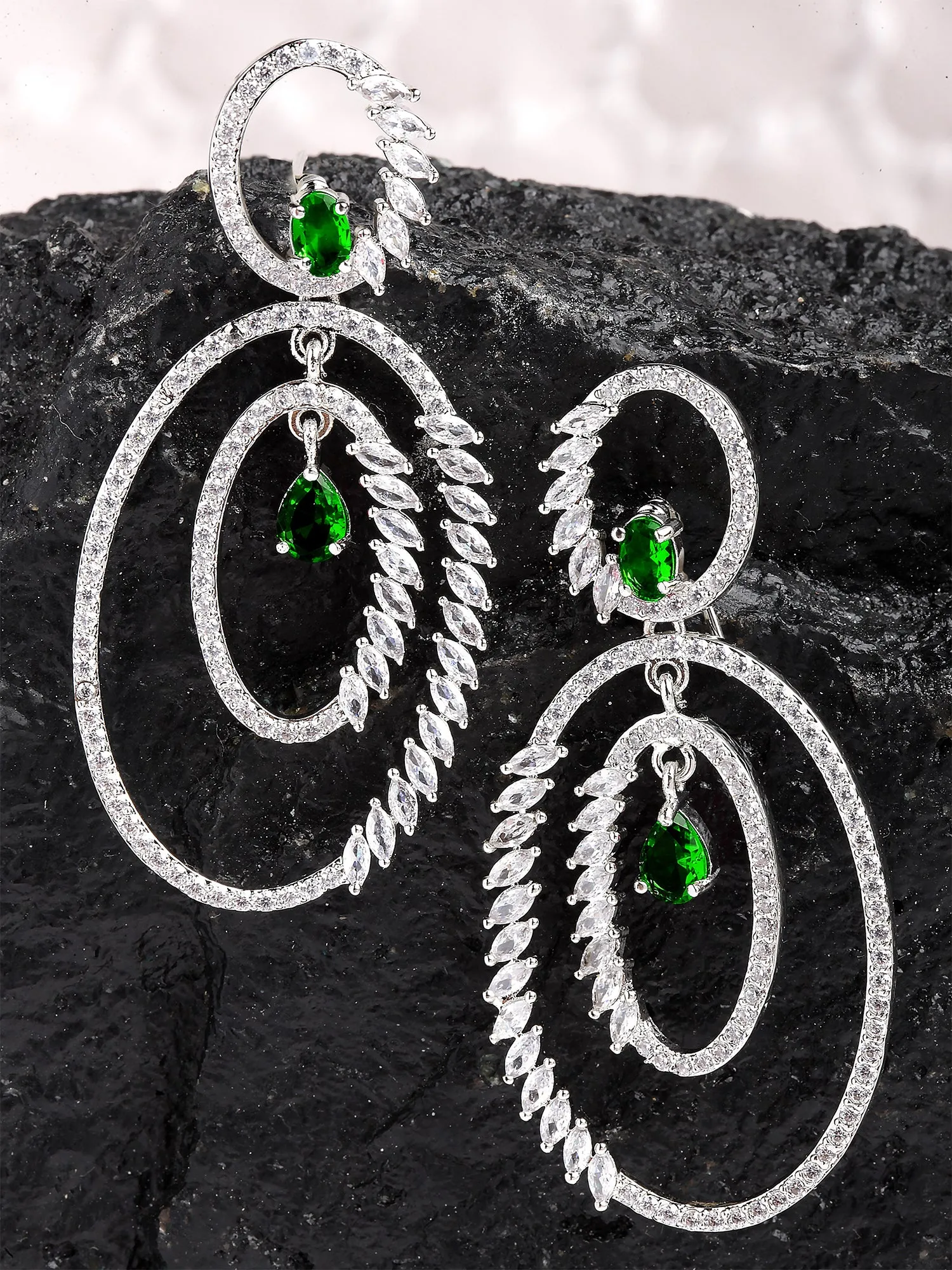 Karatcart Silver Plated Green Cubic Zirconia Studded Dangler Earrings for Women