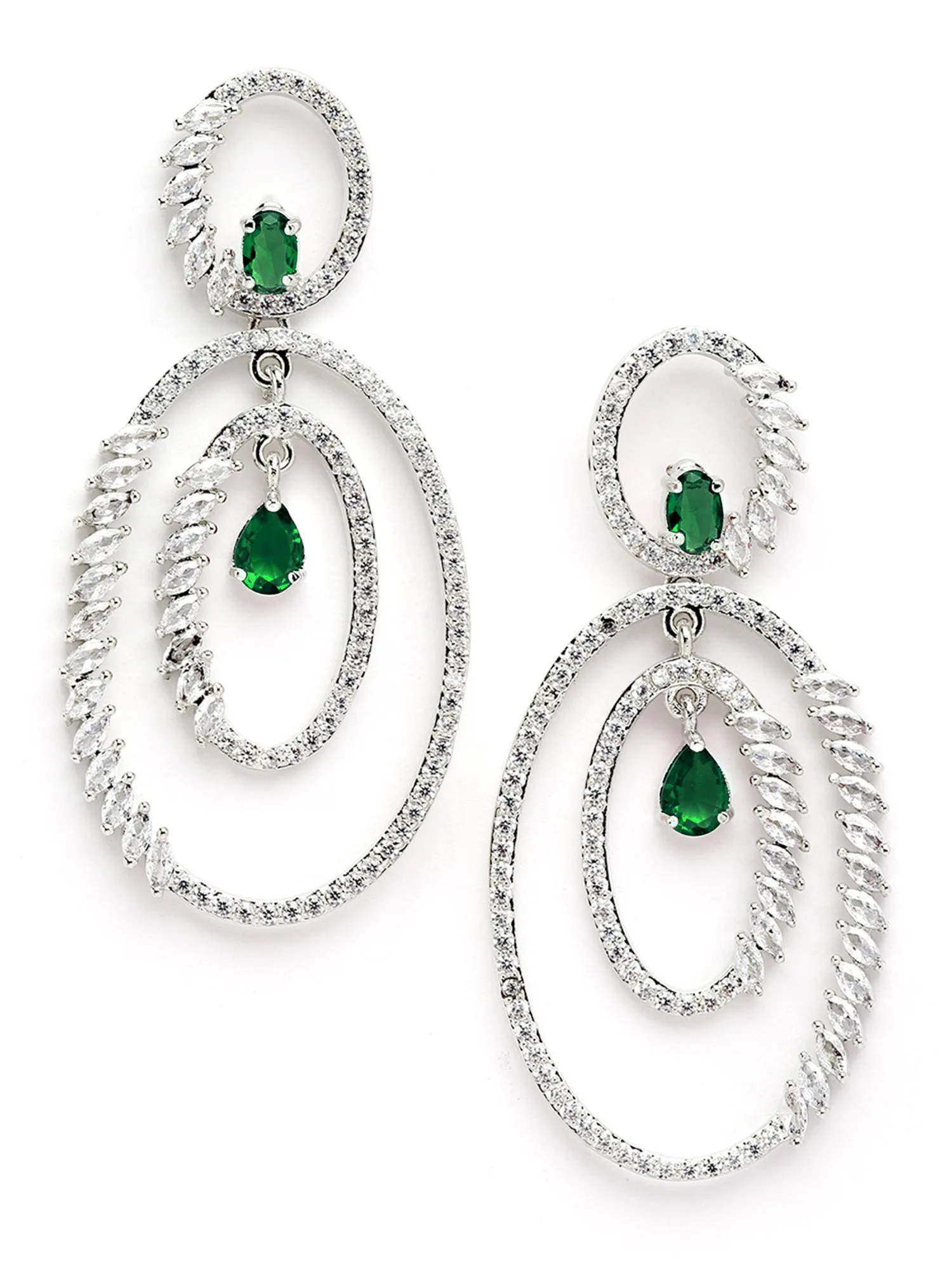 Karatcart Silver Plated Green Cubic Zirconia Studded Dangler Earrings for Women
