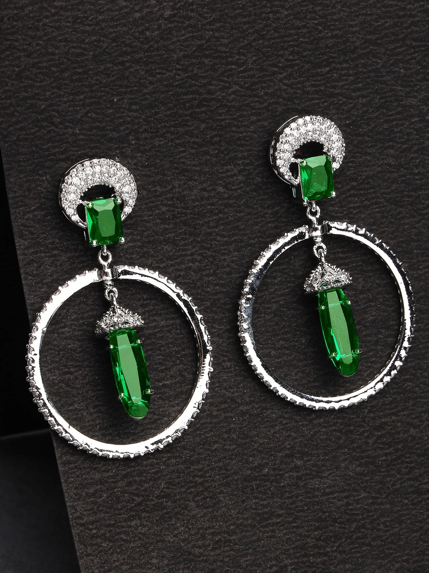 Karatcart Silver Plated Green Cubic Zirconia Studded Dangler Hoop Earrings for Women