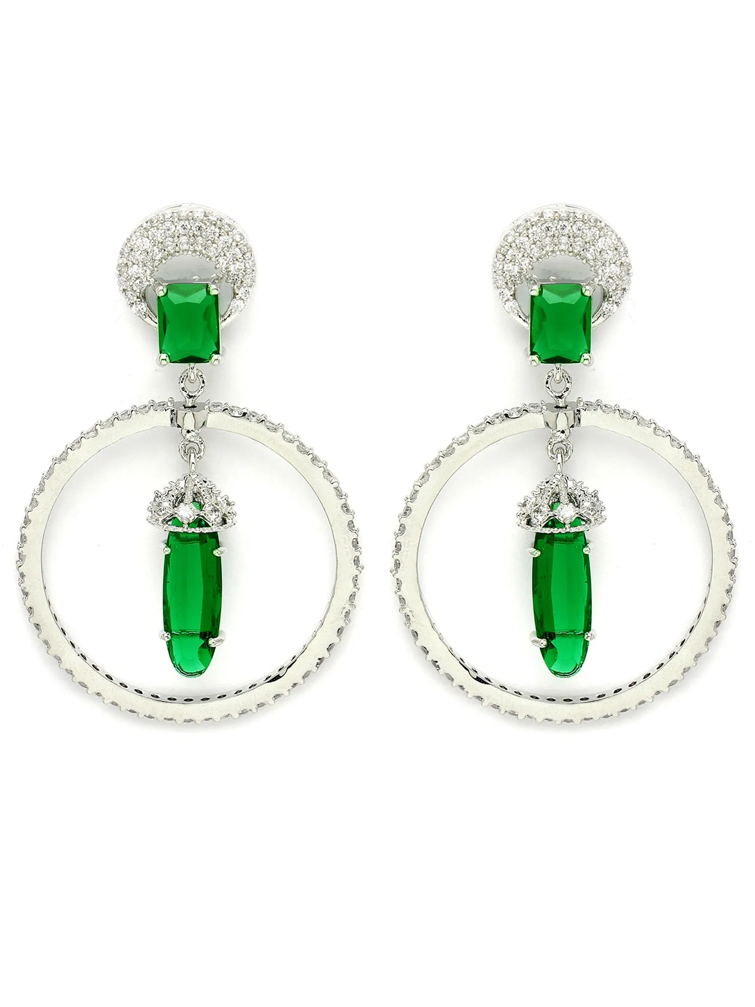 Karatcart Silver Plated Green Cubic Zirconia Studded Dangler Hoop Earrings for Women