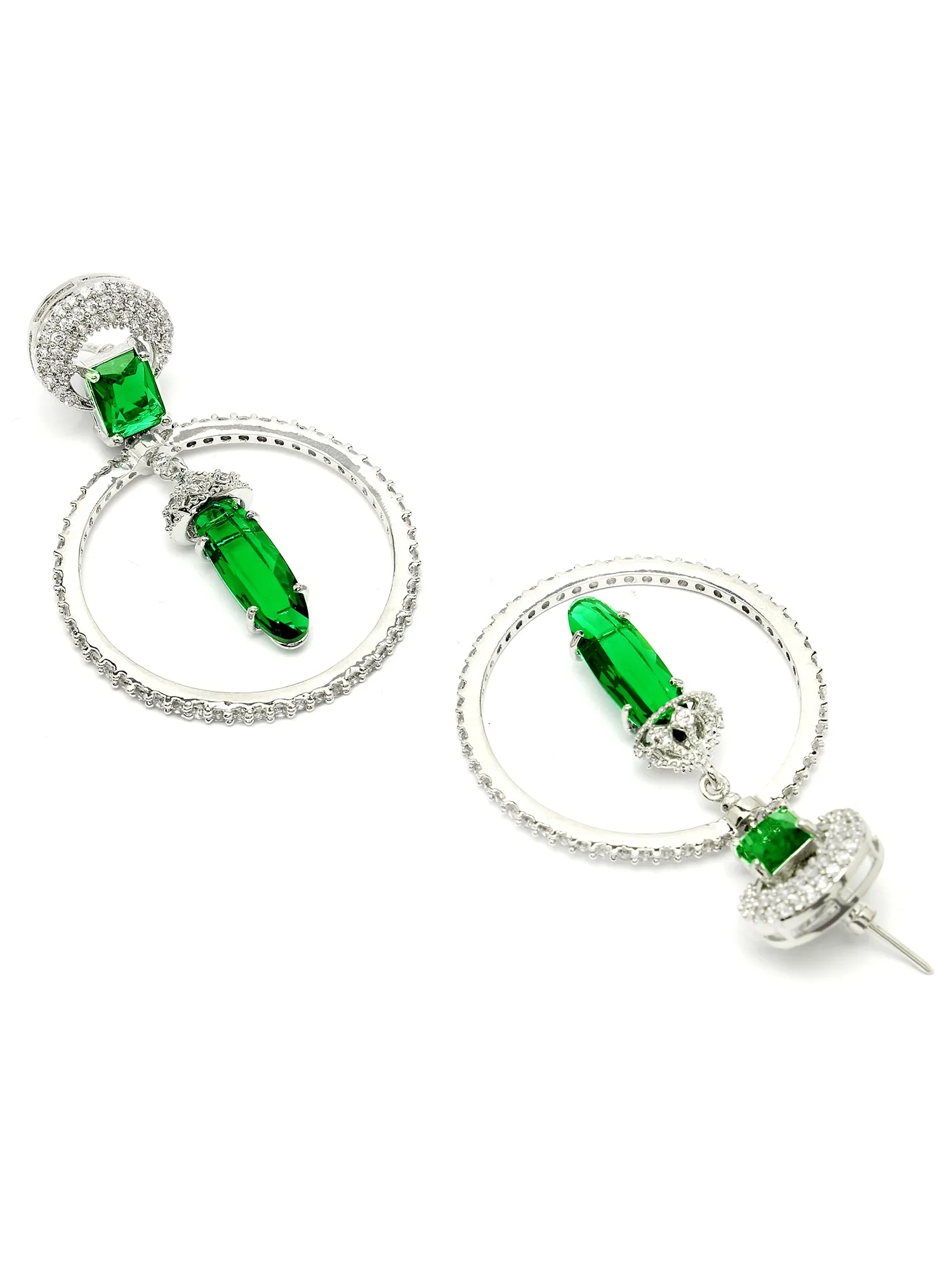 Karatcart Silver Plated Green Cubic Zirconia Studded Dangler Hoop Earrings for Women