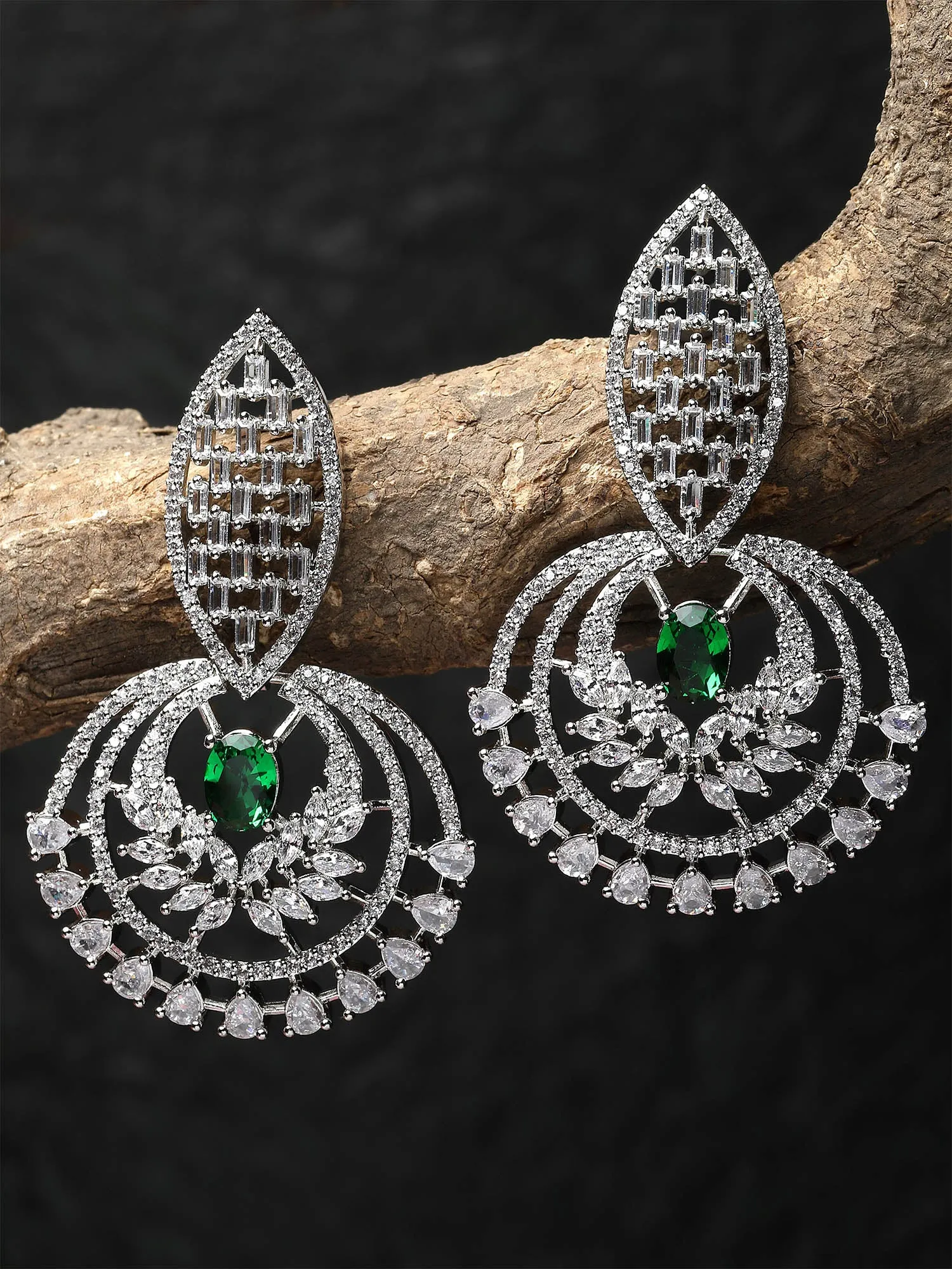 Karatcart Silver-Plated Green Cubic Zirconia Studded Drop Earrings for Women