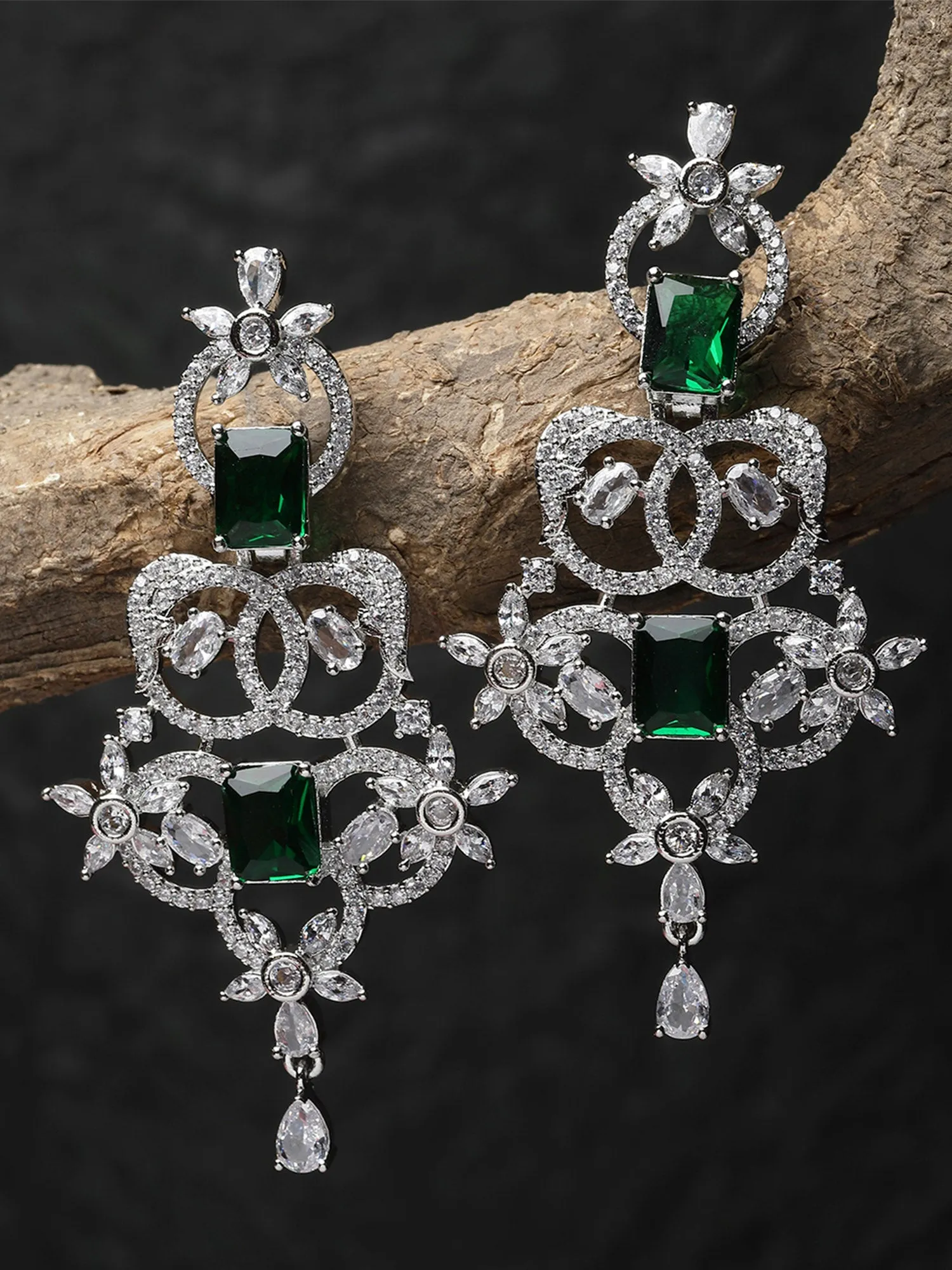 Karatcart Silver Plated Green Cubic Zirconia Studded Drop Earrings for Women