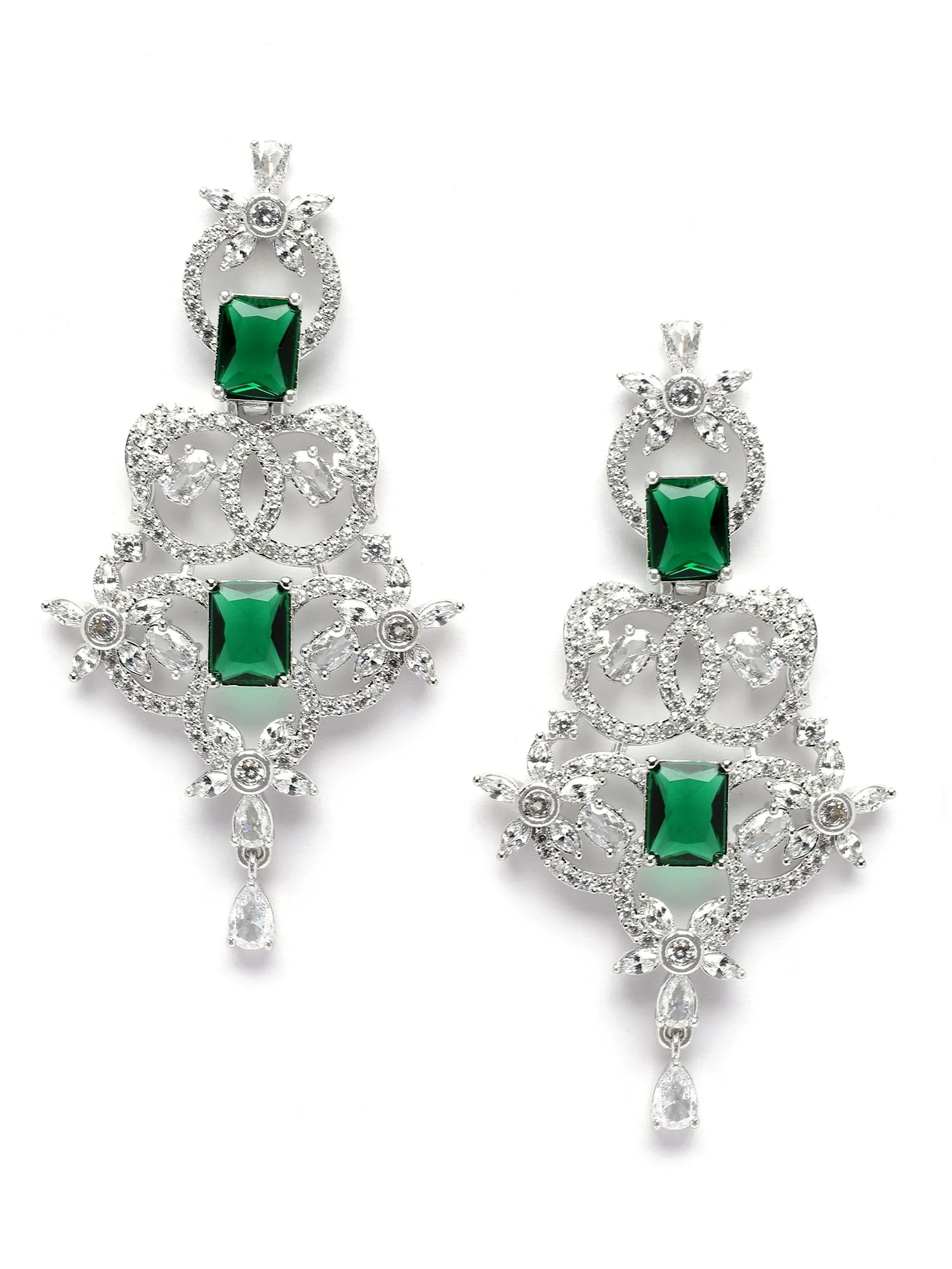 Karatcart Silver Plated Green Cubic Zirconia Studded Drop Earrings for Women