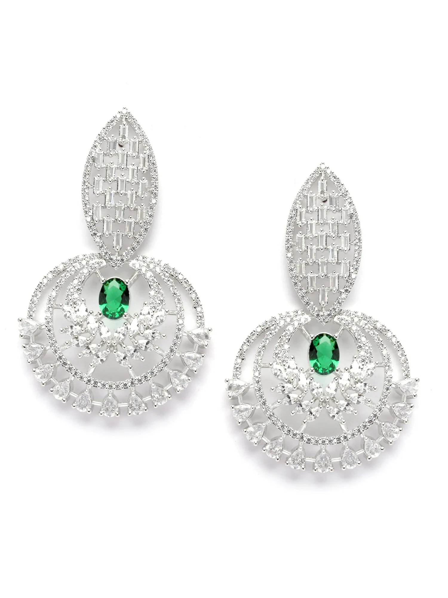 Karatcart Silver-Plated Green Cubic Zirconia Studded Drop Earrings for Women