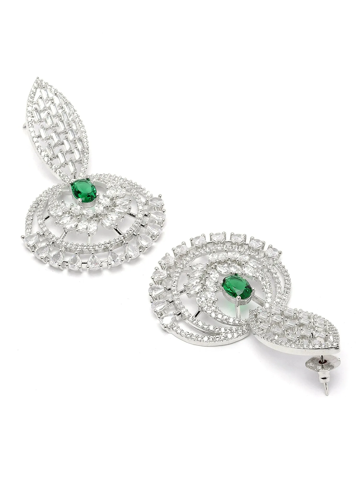 Karatcart Silver-Plated Green Cubic Zirconia Studded Drop Earrings for Women