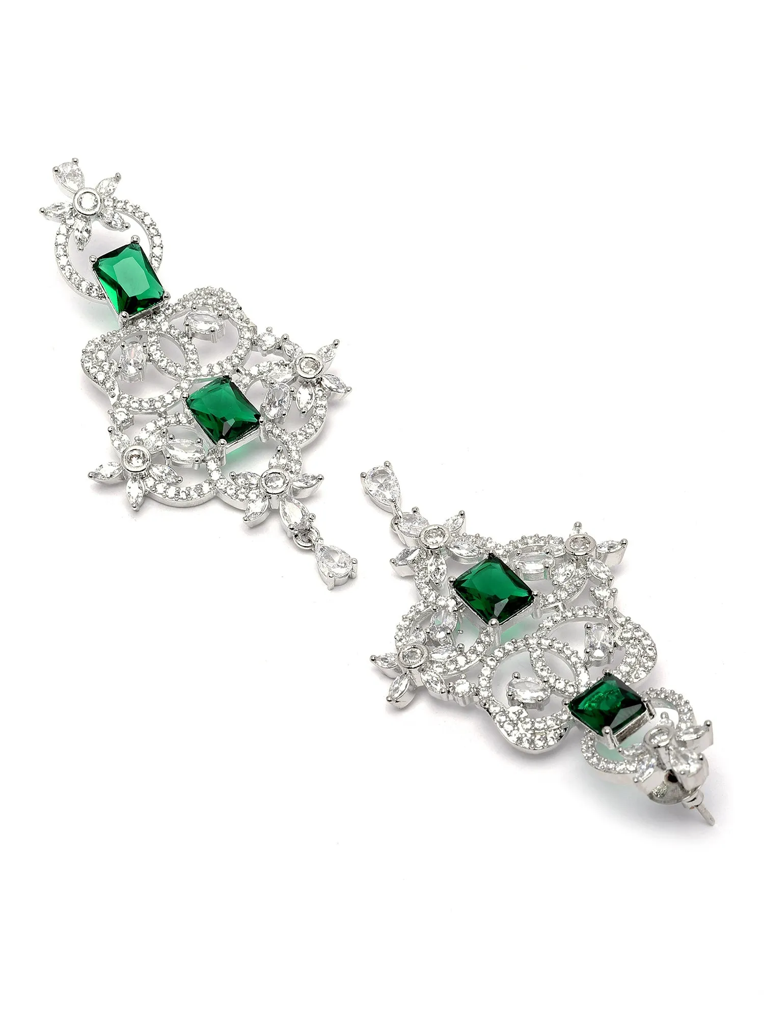 Karatcart Silver Plated Green Cubic Zirconia Studded Drop Earrings for Women