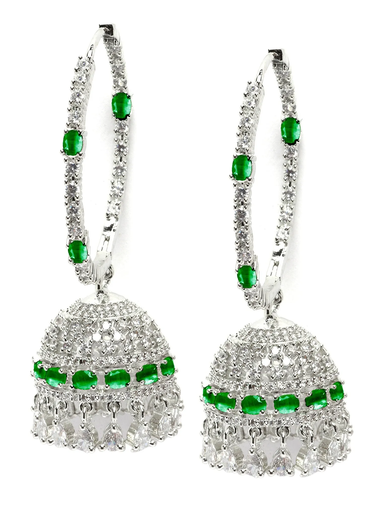 Karatcart Silver Plated Green Cubic Zirconia Studded Hoop Jhumki Earrings for Women
