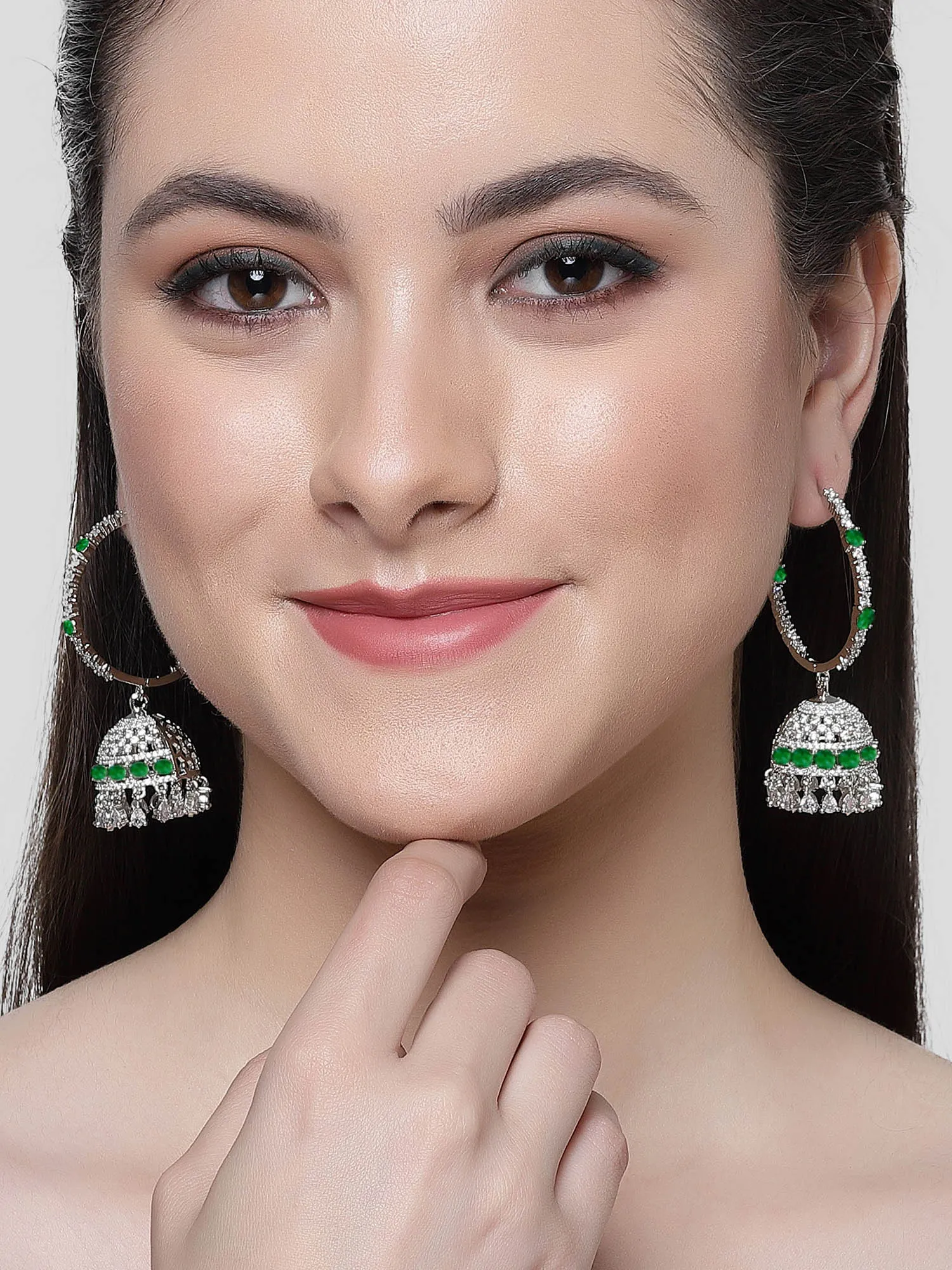 Karatcart Silver Plated Green Cubic Zirconia Studded Hoop Jhumki Earrings for Women