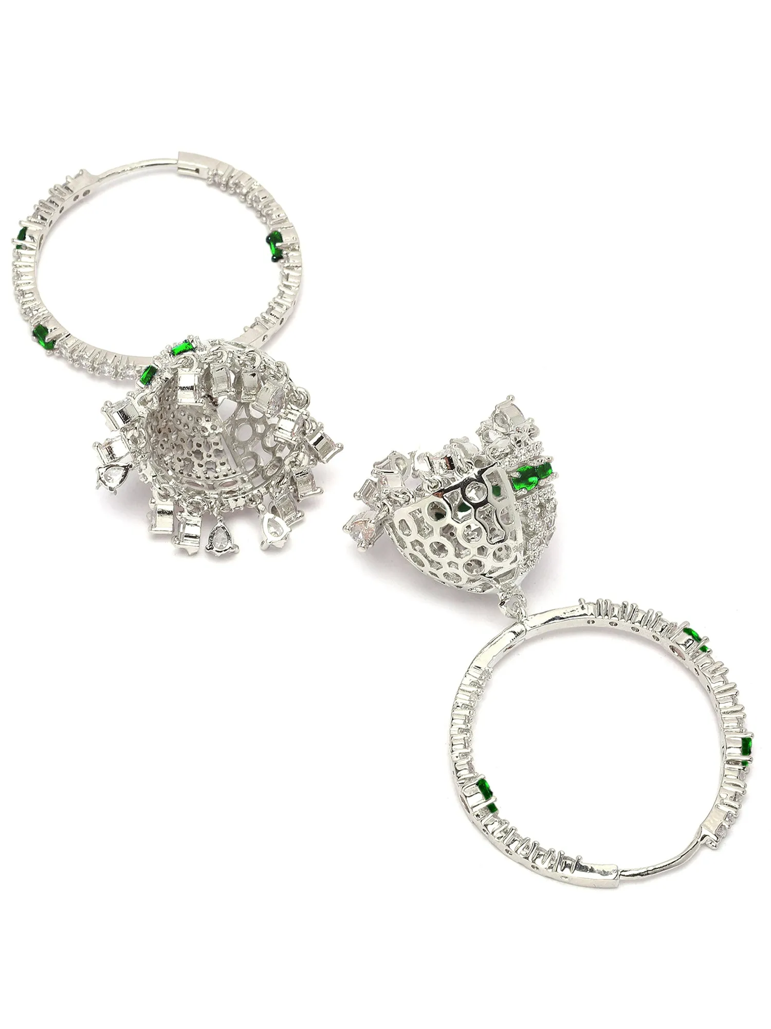 Karatcart Silver Plated Green Cubic Zirconia Studded Hoop Jhumki Earrings for Women