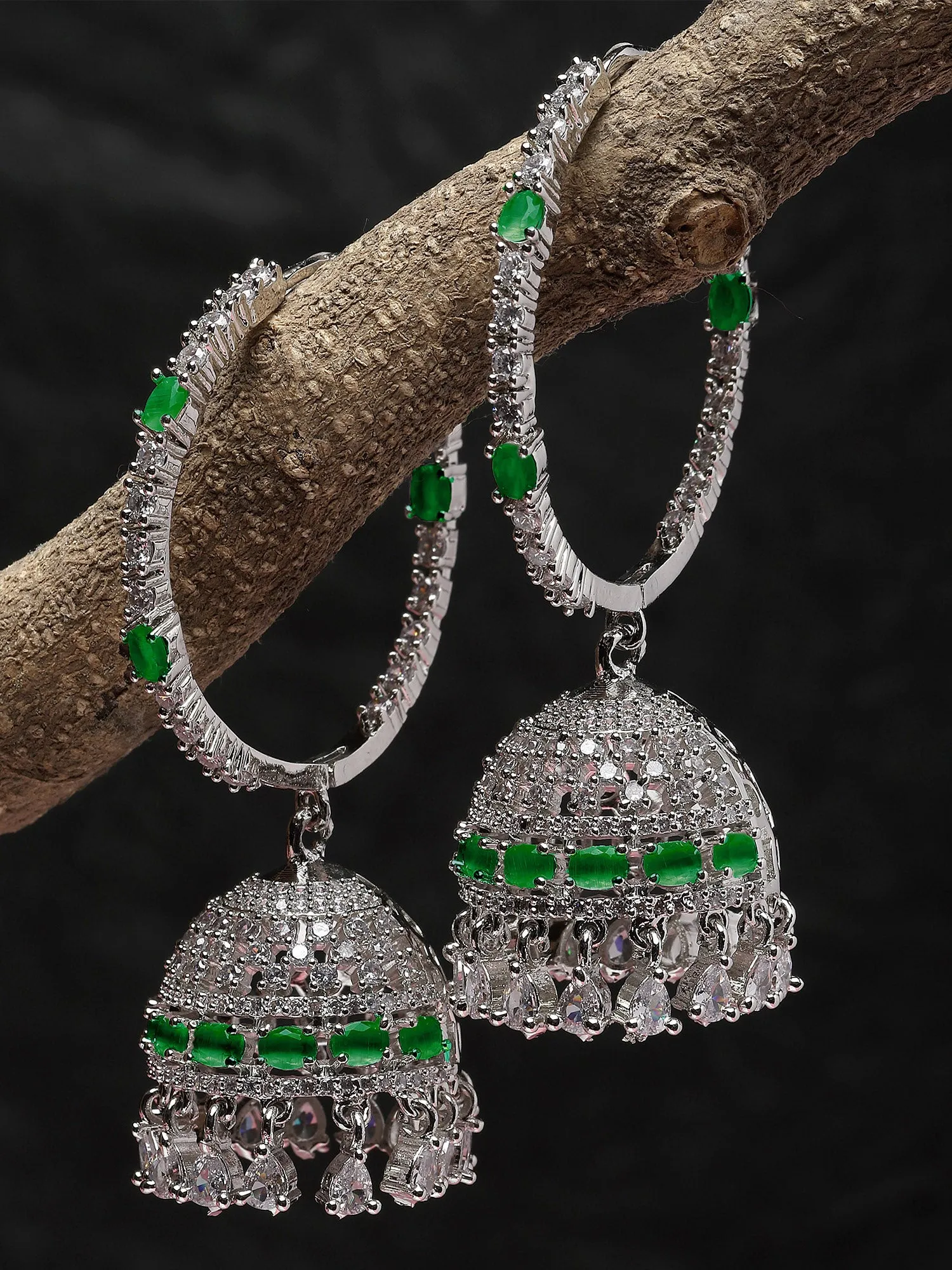 Karatcart Silver Plated Green Cubic Zirconia Studded Hoop Jhumki Earrings for Women