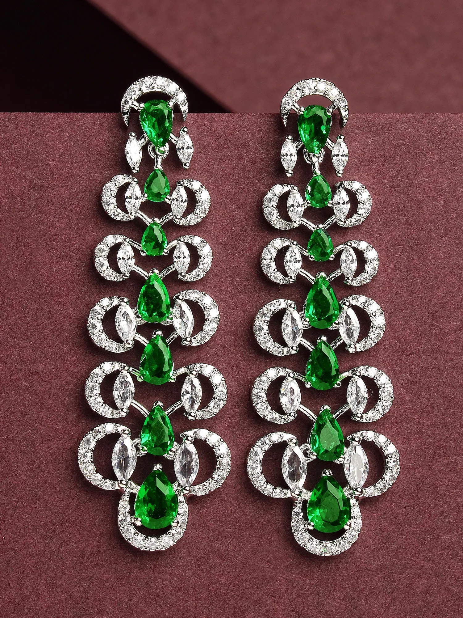 Karatcart Silver Plated Green Cubic Zirconia Studded Leaf Design Drop Earrings for Women