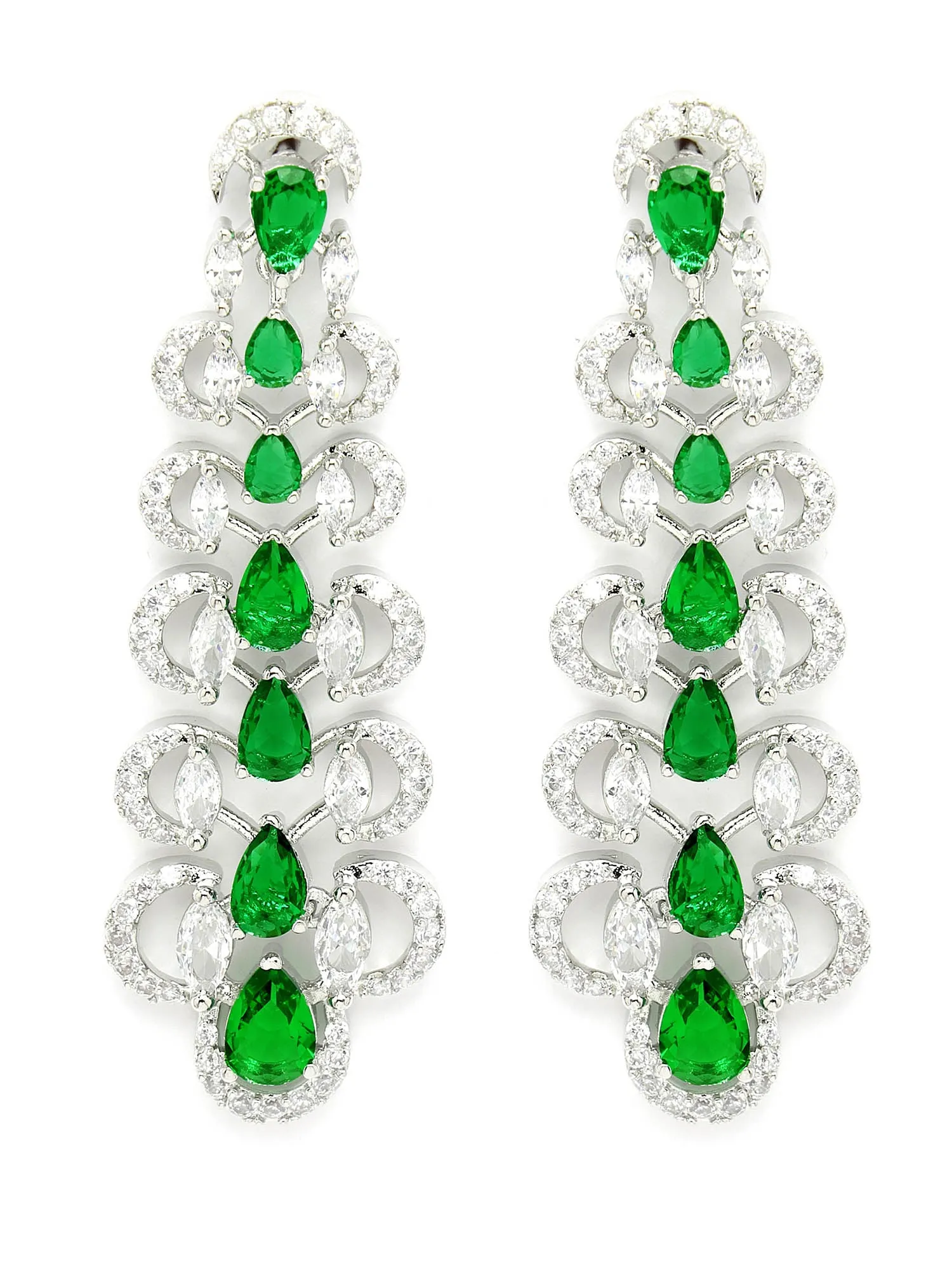 Karatcart Silver Plated Green Cubic Zirconia Studded Leaf Design Drop Earrings for Women