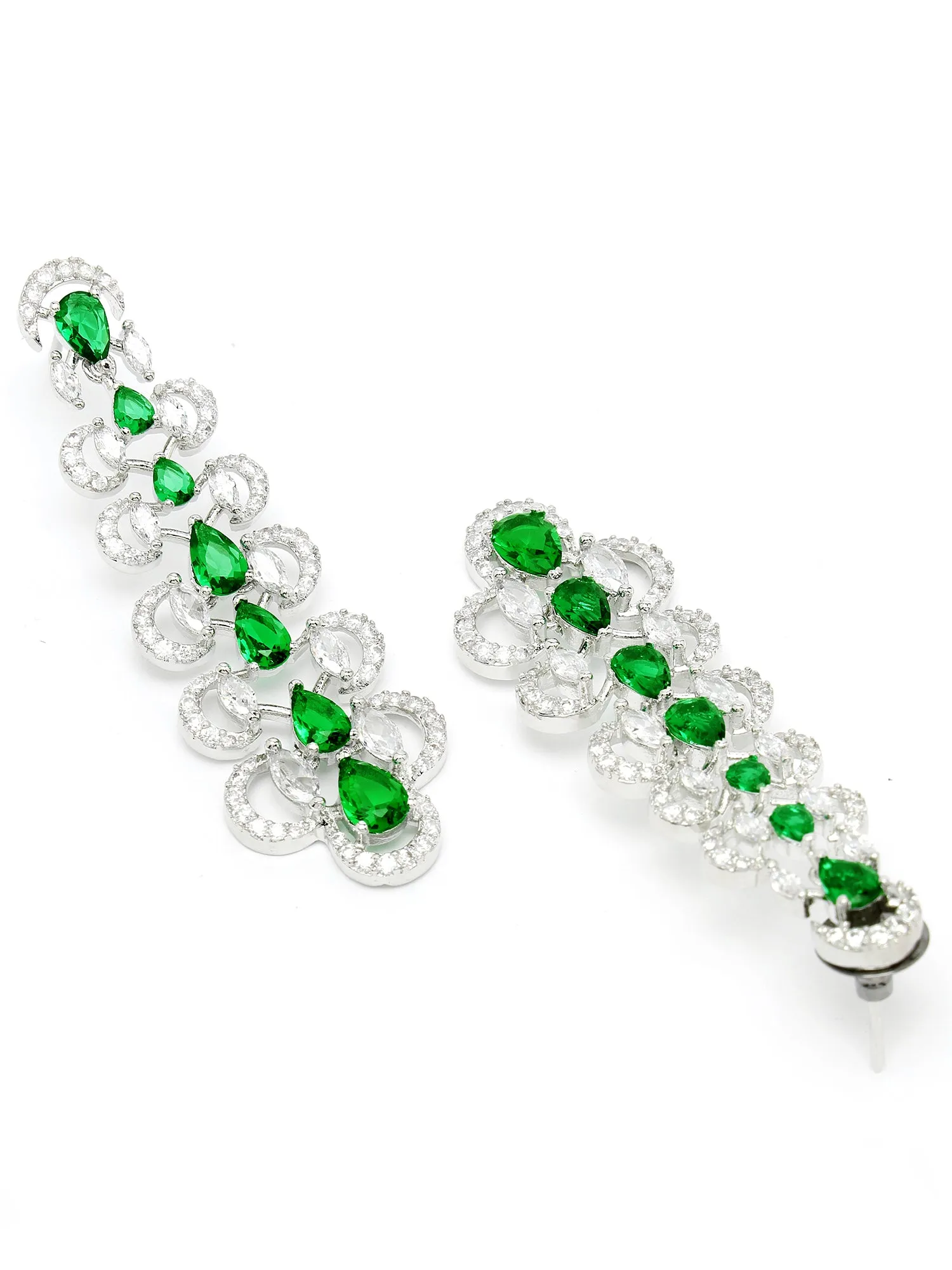 Karatcart Silver Plated Green Cubic Zirconia Studded Leaf Design Drop Earrings for Women