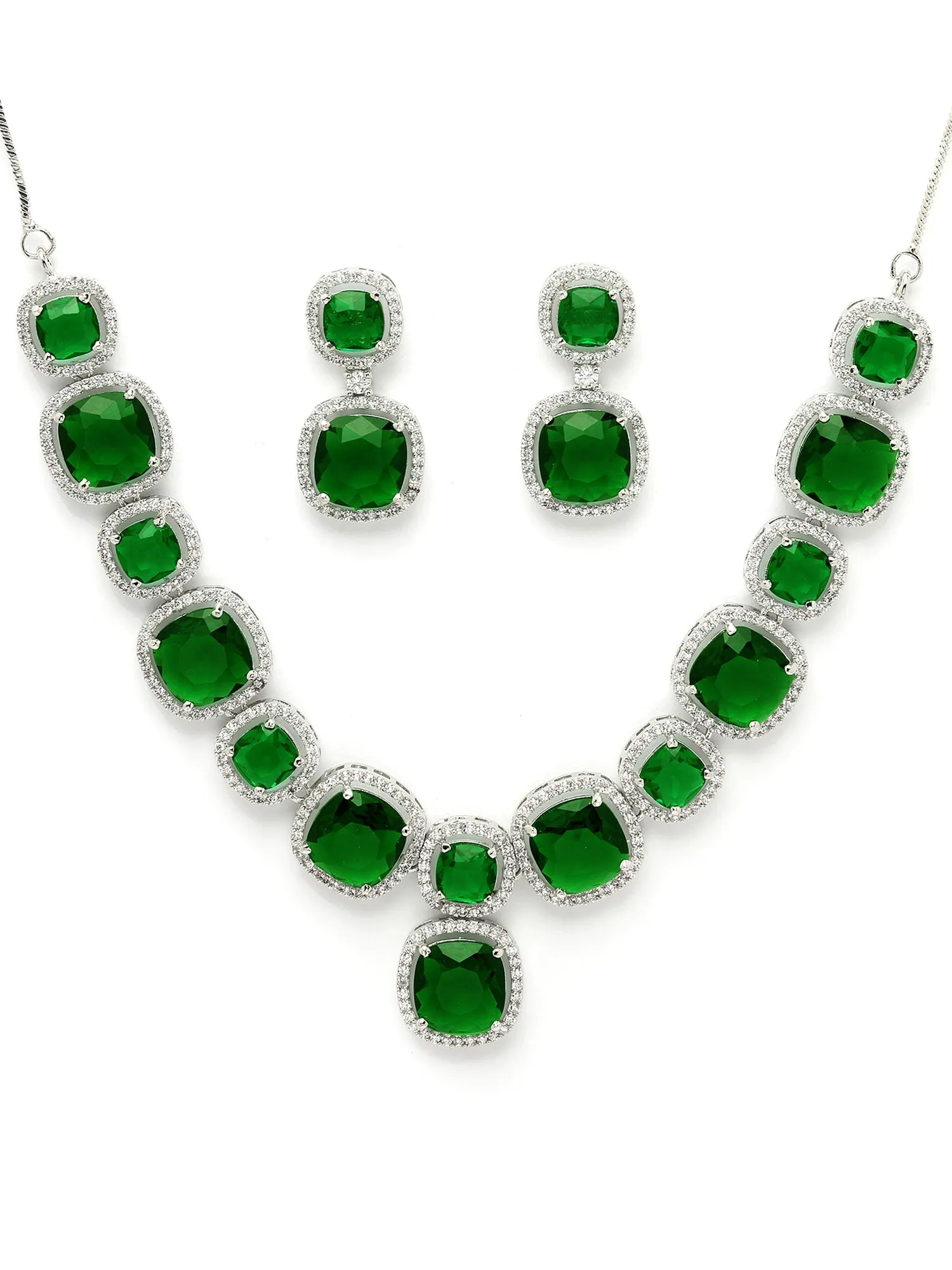 Karatcart Silver Plated Green Cubic Zirconia Traditional Jewellery Set